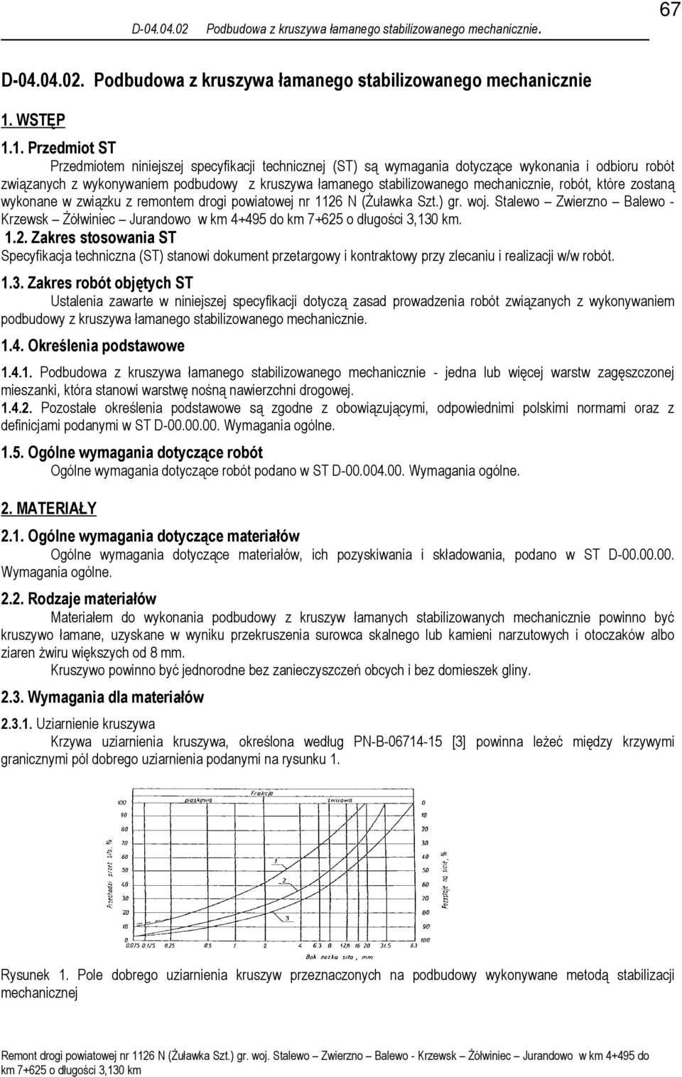 1. Przedmiot ST Przedmiotem niniejszej specyfikacji technicznej (ST) są wymagania dotyczące wykonania i odbioru robót związanych z wykonywaniem podbudowy z kruszywa łamanego stabilizowanego