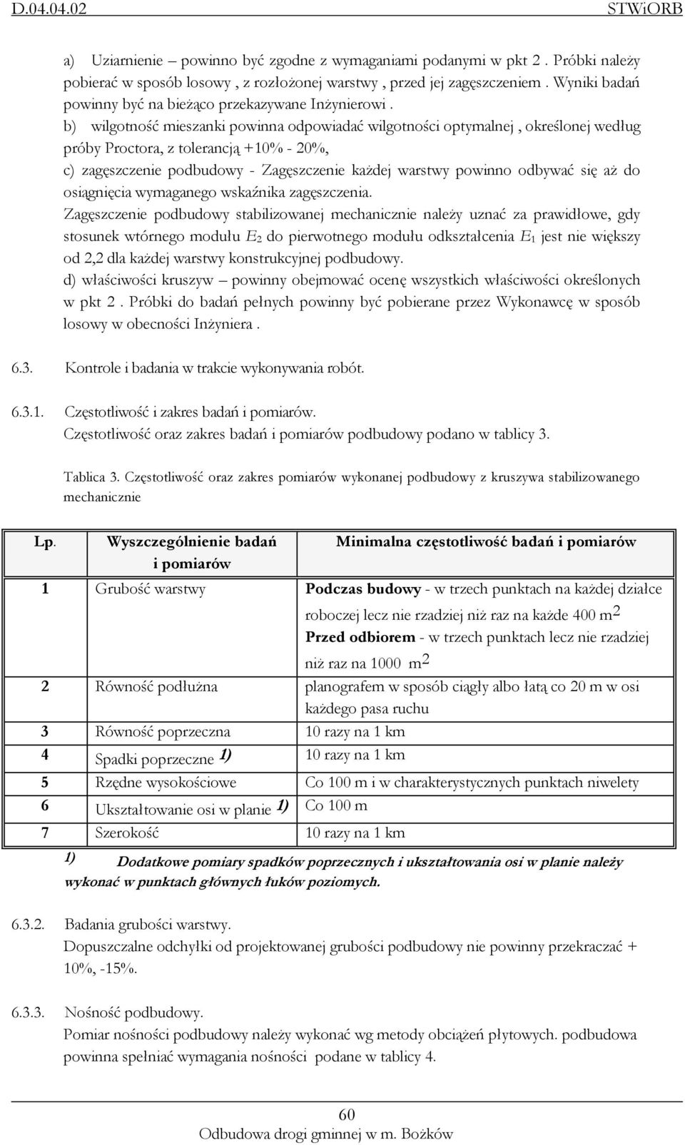 b) wilgotność mieszanki powinna odpowiadać wilgotności optymalnej, określonej według próby Proctora, z tolerancją +10% - 20%, c) zagęszczenie podbudowy - Zagęszczenie każdej warstwy powinno odbywać