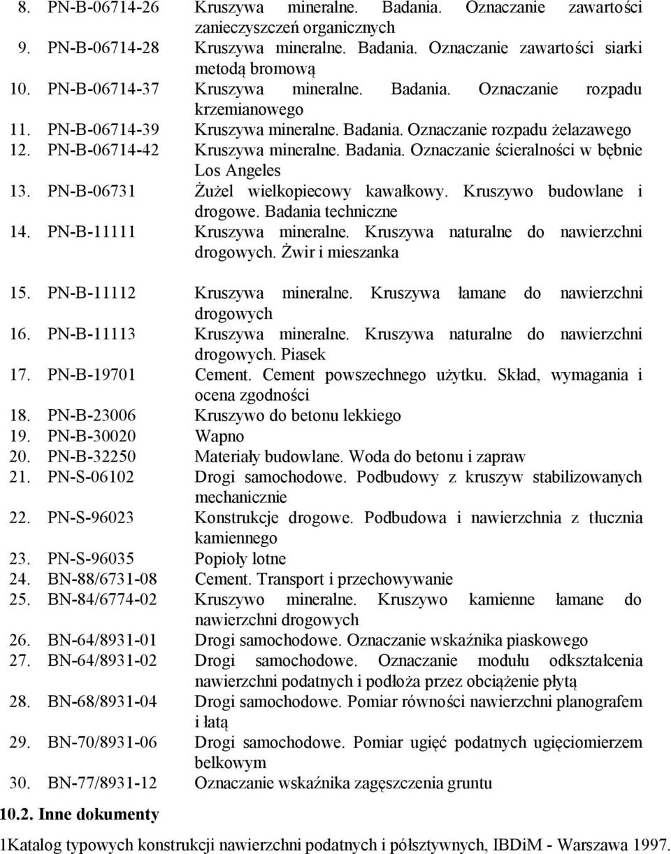 PN-B-06731 Żużel wielkopiecowy kawałkowy. Kruszywo budowlane i drogowe. Badania techniczne 14. PN-B-11111 Kruszywa mineralne. Kruszywa naturalne do nawierzchni drogowych. Żwir i mieszanka 15.