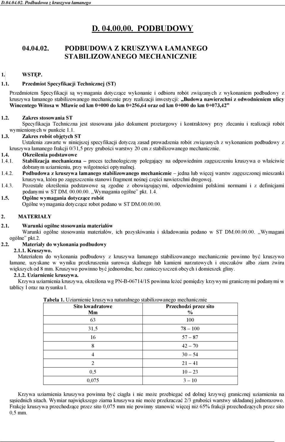 1. Przedmiot Specyfikacji Technicznej (ST) Przedmiotem Specyfikacji są wymagania dotyczące wykonanie i odbioru robót związanych z wykonaniem podbudowy z kruszywa łamanego stabilizowanego mechanicznie