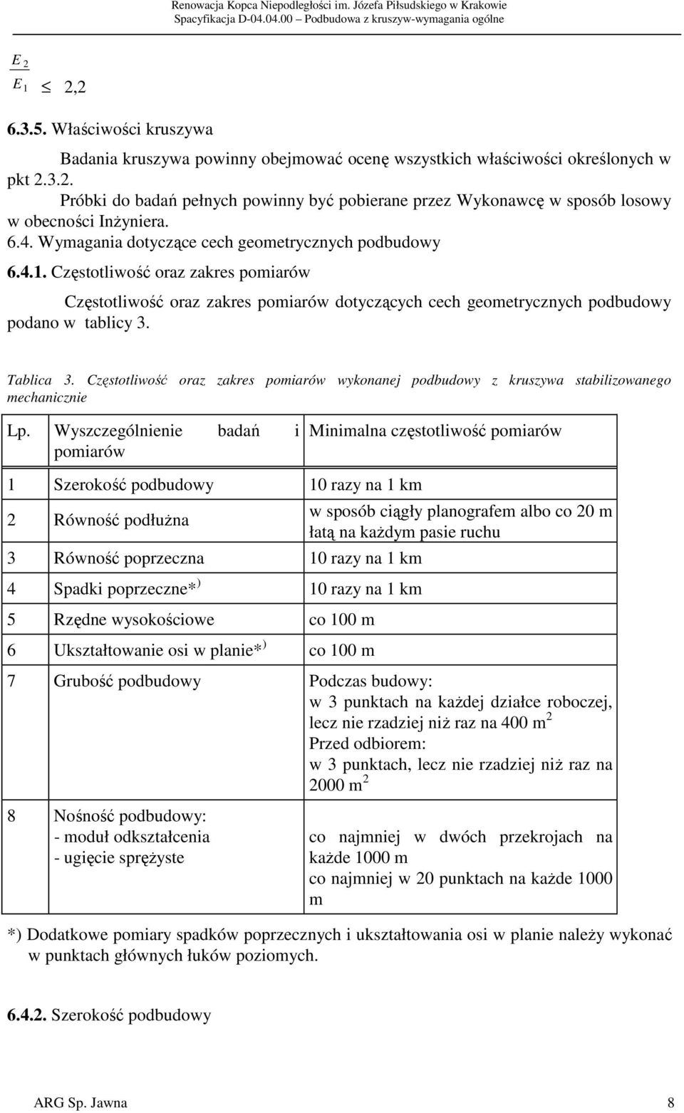 Tablica 3. Częstotliwość oraz zakres pomiarów wykonanej podbudowy z kruszywa stabilizowanego mechanicznie Lp.