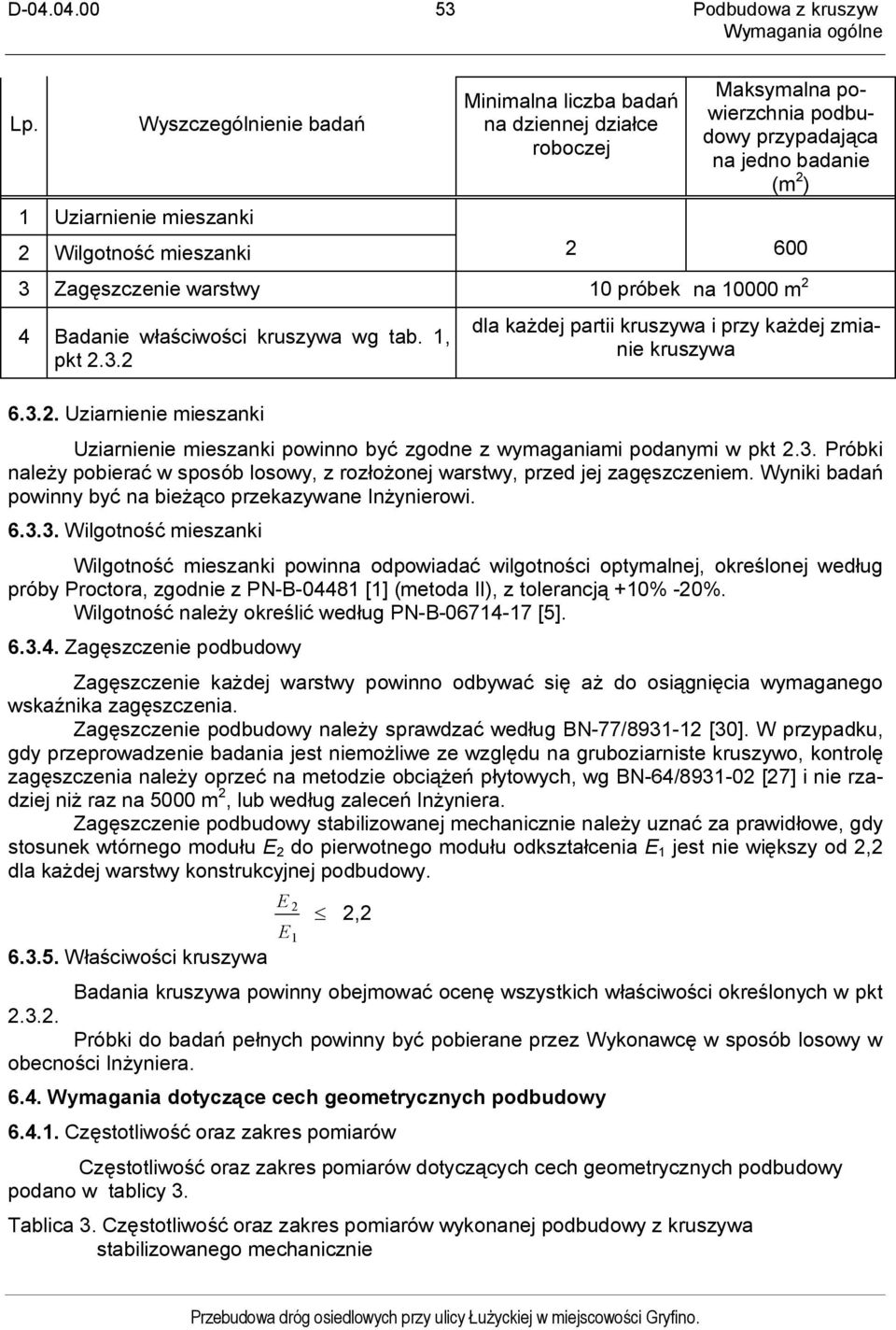 3 Zagęszczenie warstwy 10 próbek na 10000 m 2 4 Badanie właściwości kruszywa wg tab. 1, pkt 2.3.2 6.3.2. Uziarnienie mieszanki dla każdej partii kruszywa i przy każdej zmianie kruszywa Uziarnienie mieszanki powinno być zgodne z wymaganiami podanymi w pkt 2.