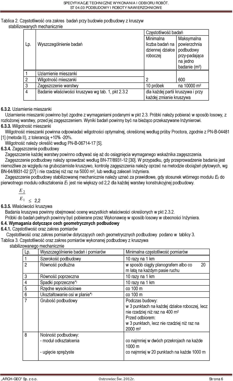 Wilgotność mieszanki 2 0 3 Zagęszczenie warstwy 10 próbek na 10000 m 2 4 Badanie właściwości kruszywa wg tab. 1, pkt 2.3.2 dla każdej partii kruszywa i przy każdej zmianie kruszywa 6.3.2. Uziarnienie mieszanki Uziarnienie mieszanki powinno być zgodne z wymaganiami podanymi w pkt 2.