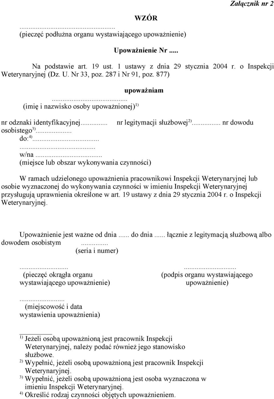 .. (miejsce lub obszar wykonywania czynności) W ramach udzielonego upoważnienia pracownikowi Inspekcji Weterynaryjnej lub osobie wyznaczonej do wykonywania czynności w imieniu Inspekcji