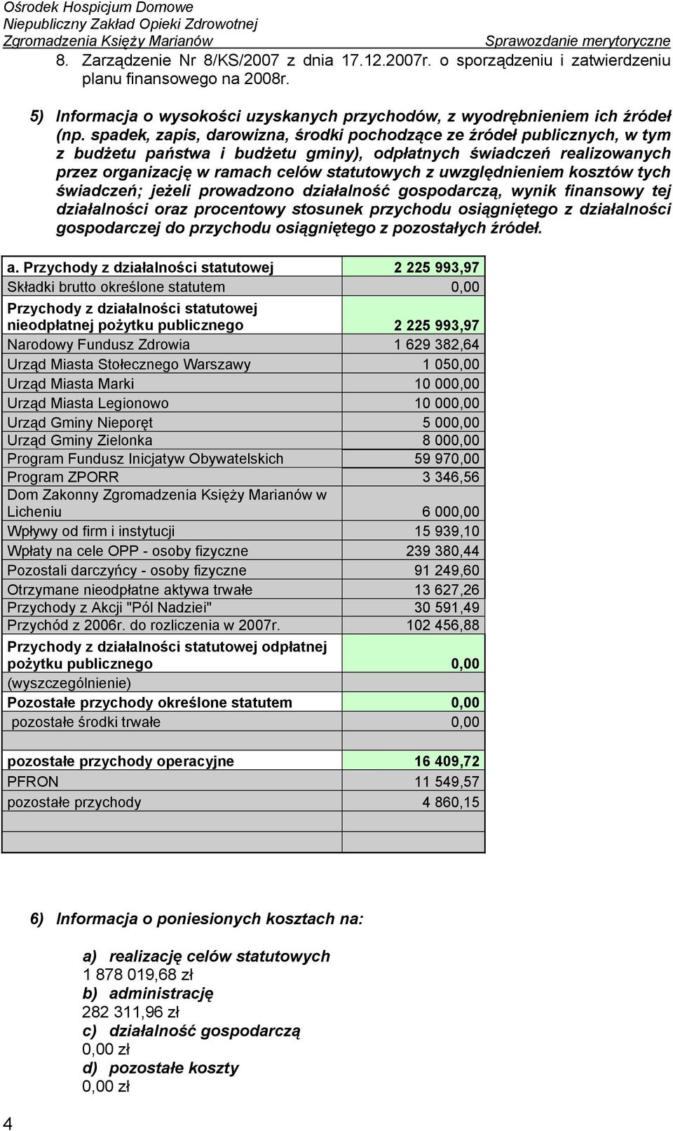 uwzględnieniem kosztów tych świadczeń; jeżeli prowadzono działalność gospodarczą, wynik finansowy tej działalności oraz procentowy stosunek przychodu osiągniętego z działalności gospodarczej do