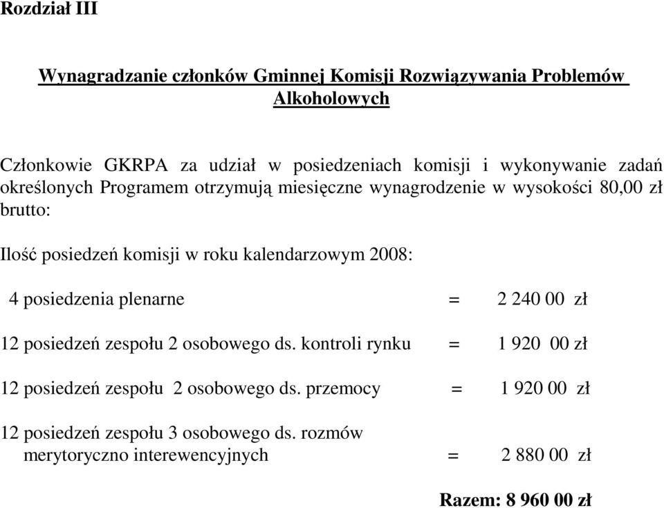 kalendarzowym 2008: 4 posiedzenia plenarne = 2 240 00 zł 12 posiedzeń zespołu 2 osobowego ds.