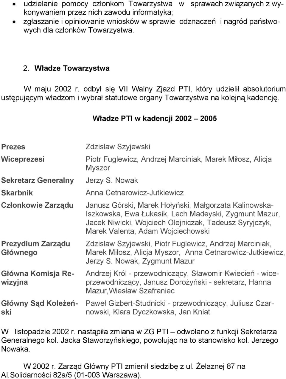 Władze PTI w kadencji 2002 2005 Prezes Wiceprezesi Sekretarz Generalny Skarbnik Członkowie Zarządu Prezydium Zarządu Głównego Główna Komisja Rewizyjna Główny Sąd Koleżeński Zdzisław Szyjewski Piotr