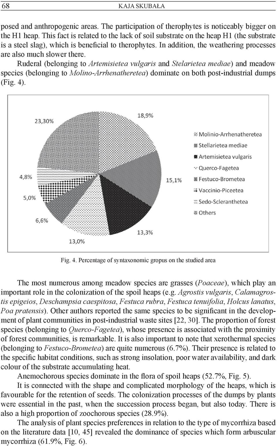 Ruderal (belonging to Artemisietea vulgaris and Stelarietea mediae) and meadow species (belonging to Molino-Arrhenatheretea) dominate on both post-industrial dumps (Fig. 4). Fig. 4 Percentage Fig.