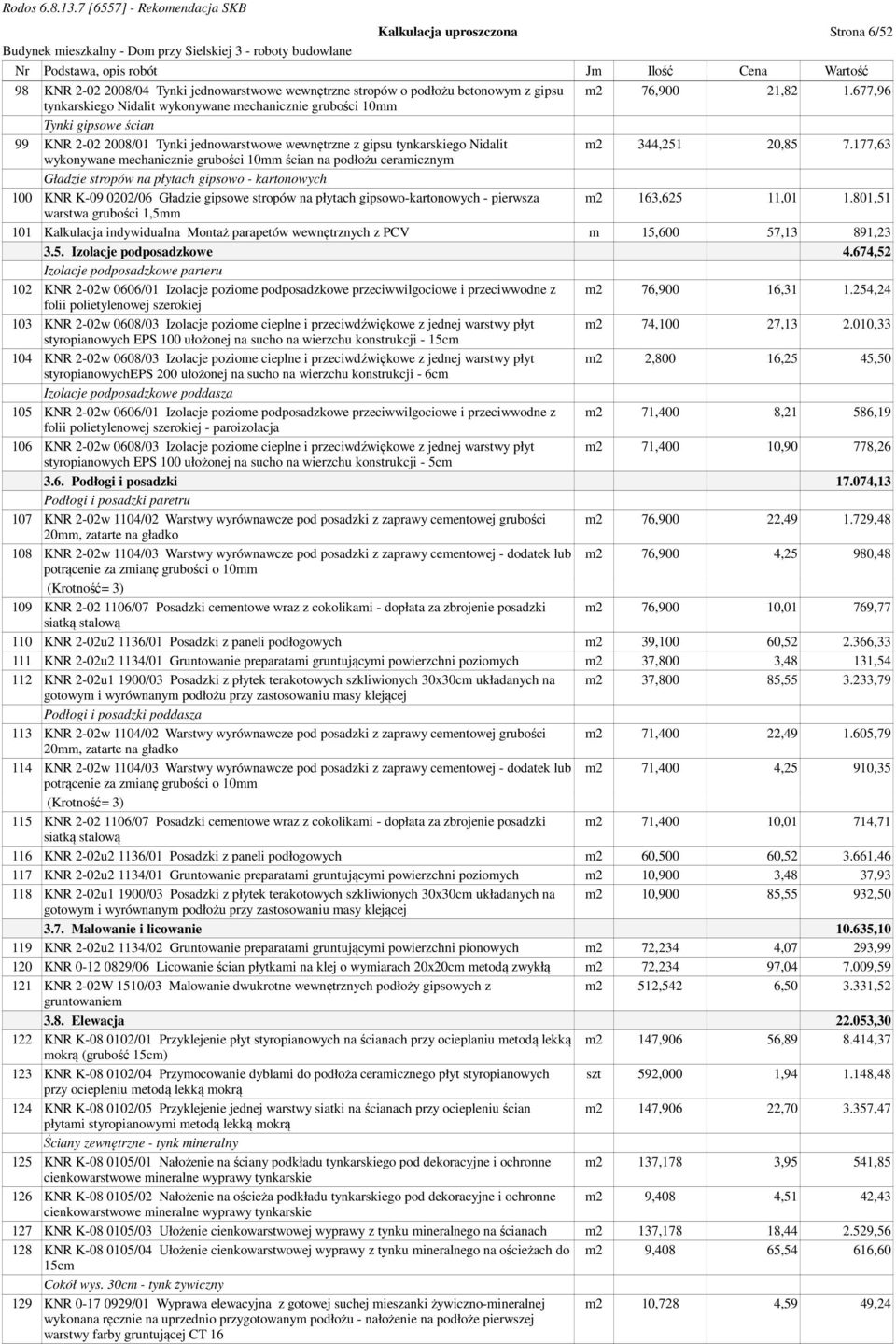 177,63 wykonywane mechanicznie grubości 10mm ścian na podłożu ceramicznym Gładzie stropów na płytach gipsowo - kartonowych 100 KNR K-09 0202/06 Gładzie gipsowe stropów na płytach gipsowo-kartonowych