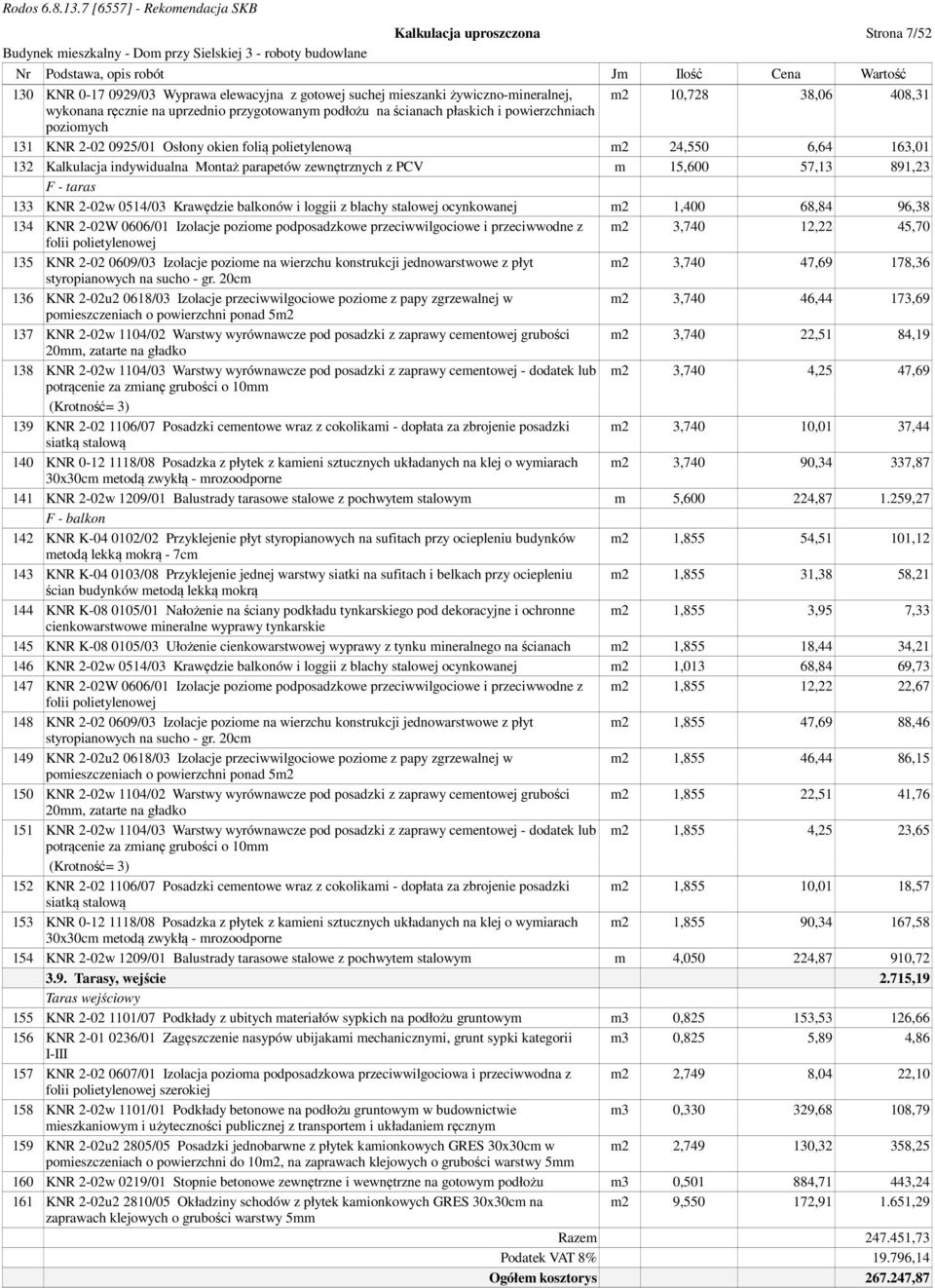 indywidualna Montaż parapetów zewnętrznych z PCV m 15,600 57,13 891,23 F - taras 133 KNR 2-02w 0514/03 Krawędzie balkonów i loggii z blachy stalowej ocynkowanej m2 1,400 68,84 96,38 134 KNR 2-02W