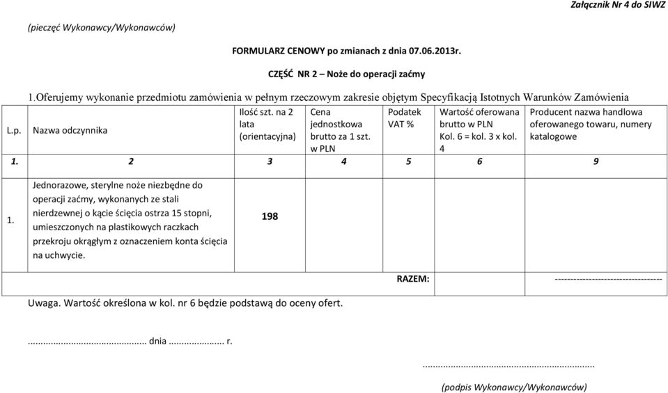 na 2 lata (orientacyjna) Cena jednostkowa brutto za 1 szt. w PLN Podatek VAT % Wartość oferowana brutto w PLN Kol. 6 = kol. 3 x kol. 4 Producent nazwa handlowa oferowanego towaru, numery katalogowe 1.