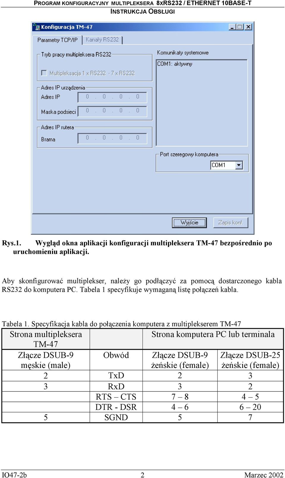 Tabela 1 specyfikuje wymaganą listę połączeń kabla. Tabela 1.