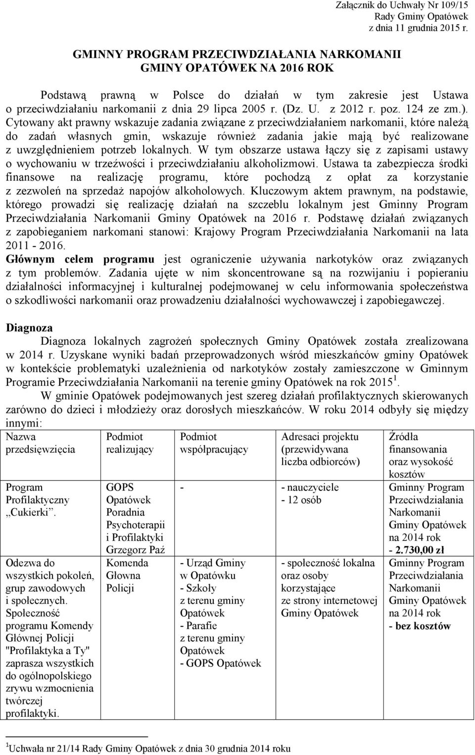 Cytowany akt prawny wskazuje zadania związane z przeciwdziałaniem narkomanii, które należą do zadań własnych gmin, wskazuje również zadania jakie mają być realizowane z uwzględnieniem potrzeb