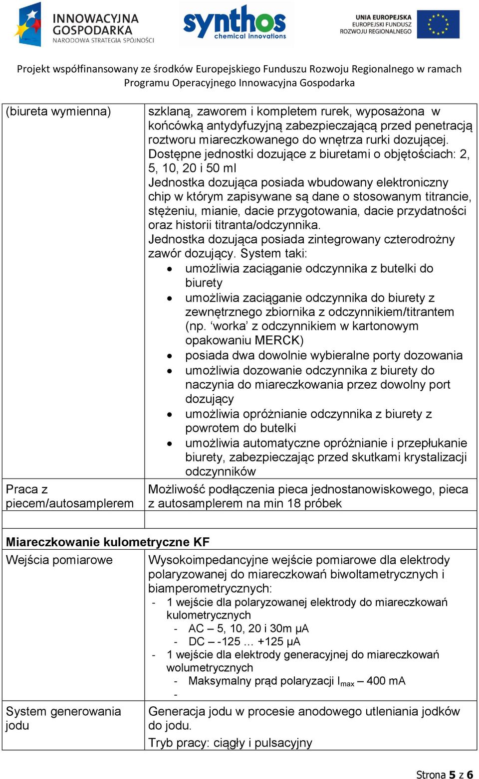 Dostępne jednostki dozujące z biuretami o objętościach: 2, 5, 10, 20 i 50 ml Jednostka dozująca posiada wbudowany elektroniczny chip w którym zapisywane są dane o stosowanym titrancie, stężeniu,