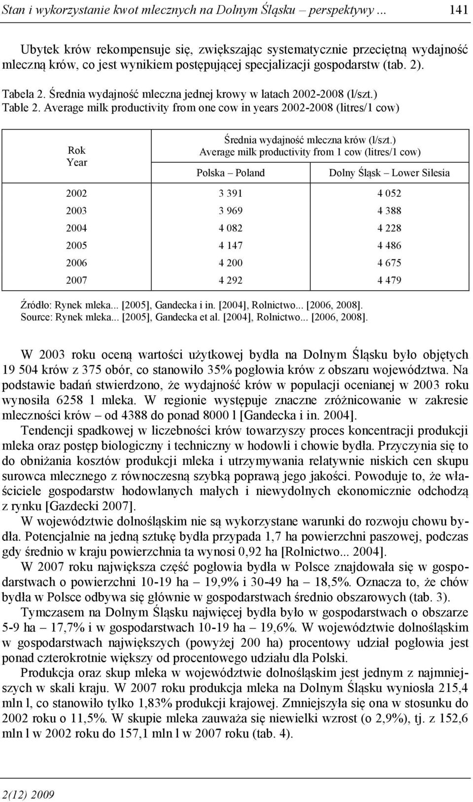 Średnia wydajność mleczna jednej krowy w latach 2002-2008 (l/szt.) Table 2. Average milk productivity from one cow in years 2002-2008 (litres/1 cow) Rok Year Średnia wydajność mleczna krów (l/szt.