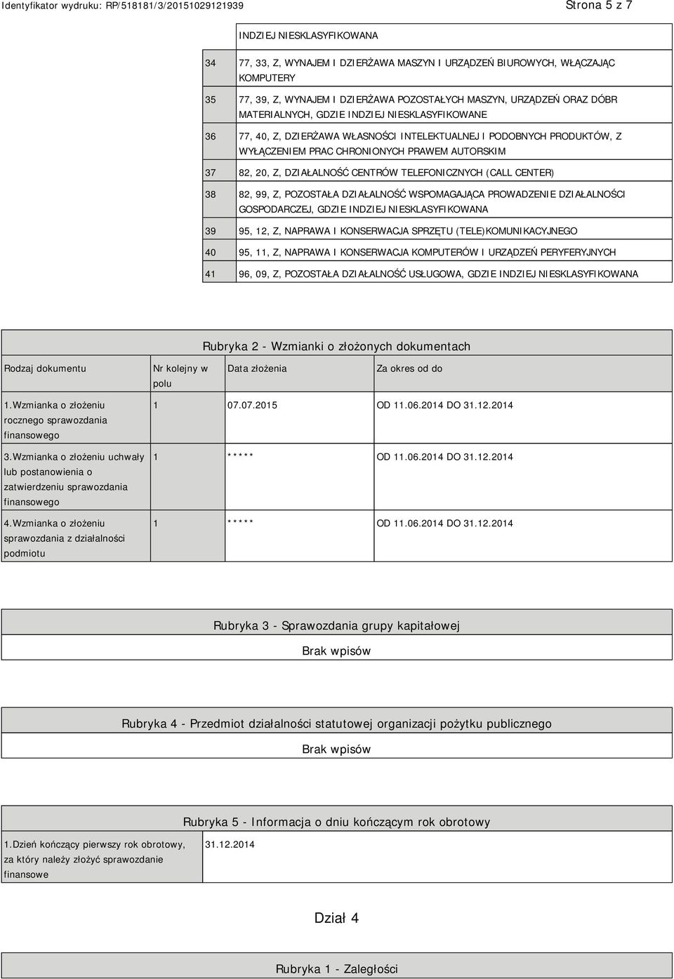 TELEFONICZNYCH (CALL CENTER) 38 82, 99, Z, POZOSTAŁA DZIAŁALNOŚĆ WSPOMAGAJĄCA PROWADZE DZIAŁALNOŚCI GOSPODARCZEJ, GDZIE INDZIEJ SKLASYFIKOWANA 39 95, 12, Z, NAPRAWA I KONSERWACJA SPRZĘTU