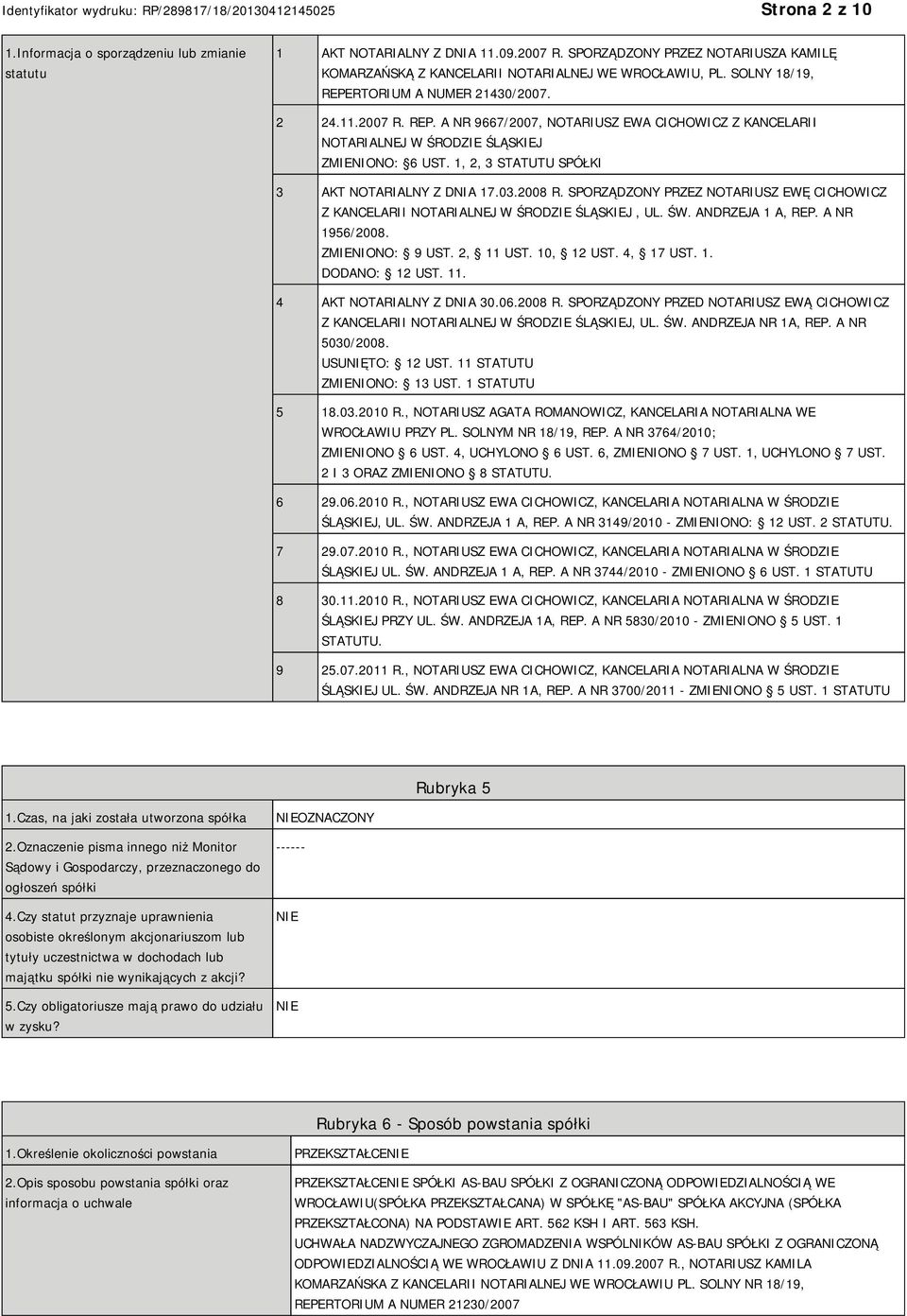 1, 2, 3 STATUTU SPÓŁKI 3 AKT NOTARIALNY Z DNIA 17.03.2008 R. SPORZĄDZONY PRZEZ NOTARIUSZ EWĘ CICHOWICZ Z KANCELARII NOTARIALNEJ W ŚRODZIE ŚLĄSKIEJ, UL. ŚW. ANDRZEJA 1 A, REP. A NR 1956/2008.