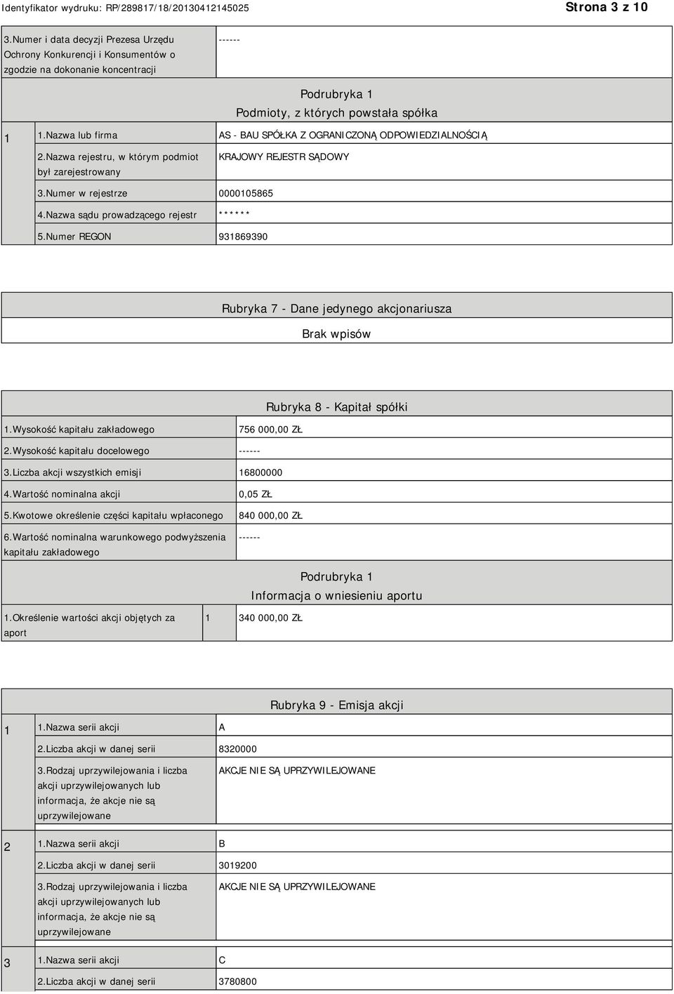 Nazwa sądu prowadzącego rejestr ****** 5.Numer REGON 931869390 Rubryka 7 - Dane jedynego akcjonariusza Rubryka 8 - Kapitał spółki 1.Wysokość kapitału zakładowego 756 000,00 ZŁ 2.