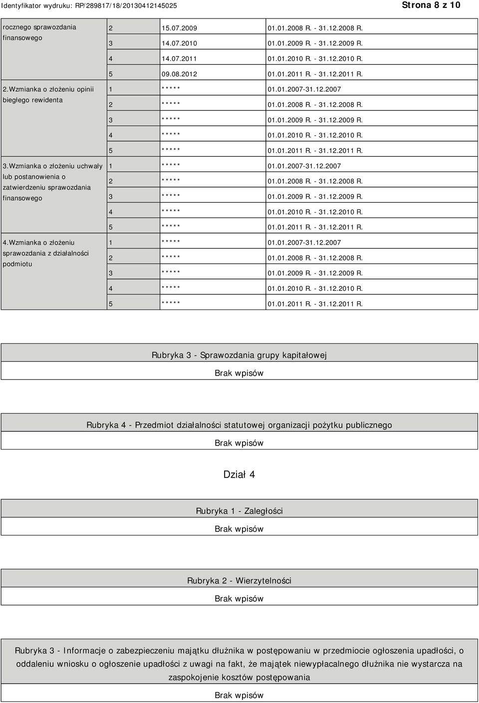 - 31.12.2010 R. 5 ***** 01.01.2011 R. - 31.12.2011 R. 3.Wzmianka o złożeniu uchwały lub postanowienia o zatwierdzeniu sprawozdania finansowego 1 ***** 01.01.2007-31.12.2007 2 ***** 01.01.2008 R.