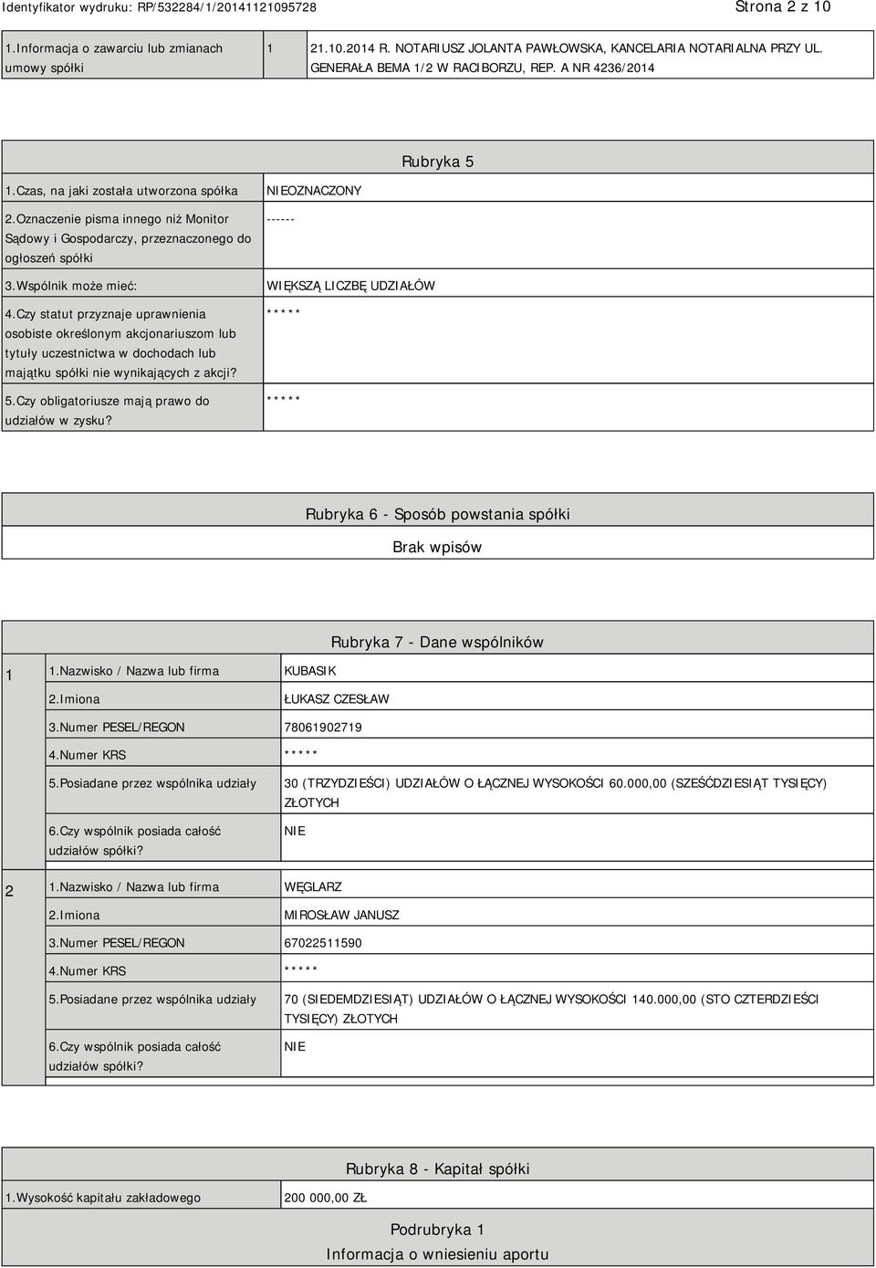 Czy statut przyznaje uprawnienia osobiste określonym akcjonariuszom lub tytuły uczestnictwa w dochodach lub majątku spółki nie wynikających z akcji? 5.