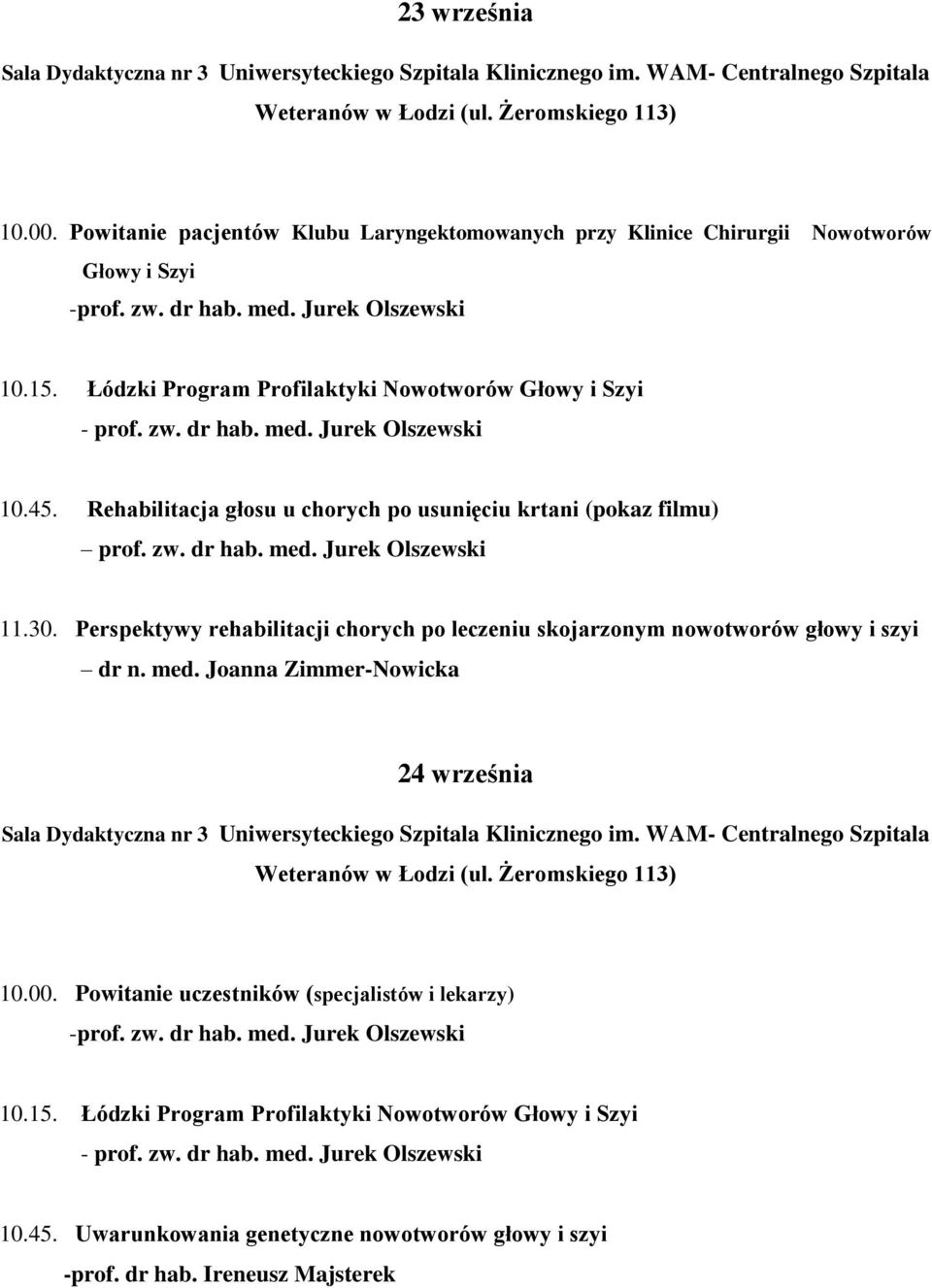 Rehabilitacja głosu u chorych po usunięciu krtani (pokaz filmu) prof. zw. dr hab. med. Jurek Olszewski 11.30. Perspektywy rehabilitacji chorych po leczeniu skojarzonym nowotworów głowy i szyi dr n.