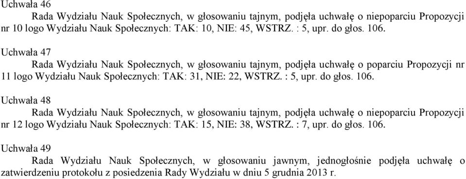 Wydziału Nauk Społecznych: TAK: 31, NIE: 22, WSTRZ. : 5, upr. do głos. 106.