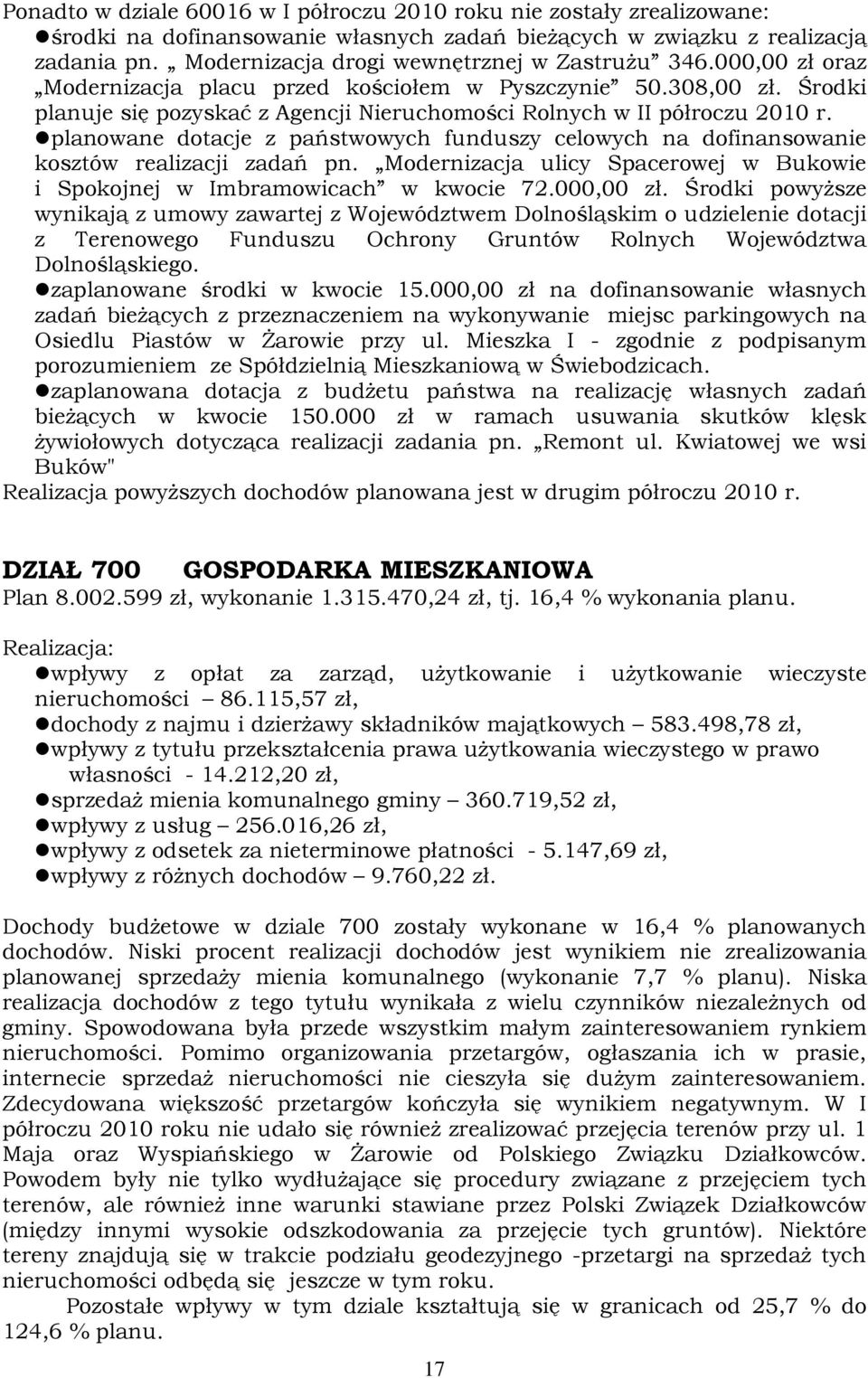 Środki planuje się pozyskać z Agencji Nieruchomości Rolnych w II półroczu 2010 r. planowane dotacje z państwowych funduszy celowych na dofinansowanie kosztów realizacji zadań pn.