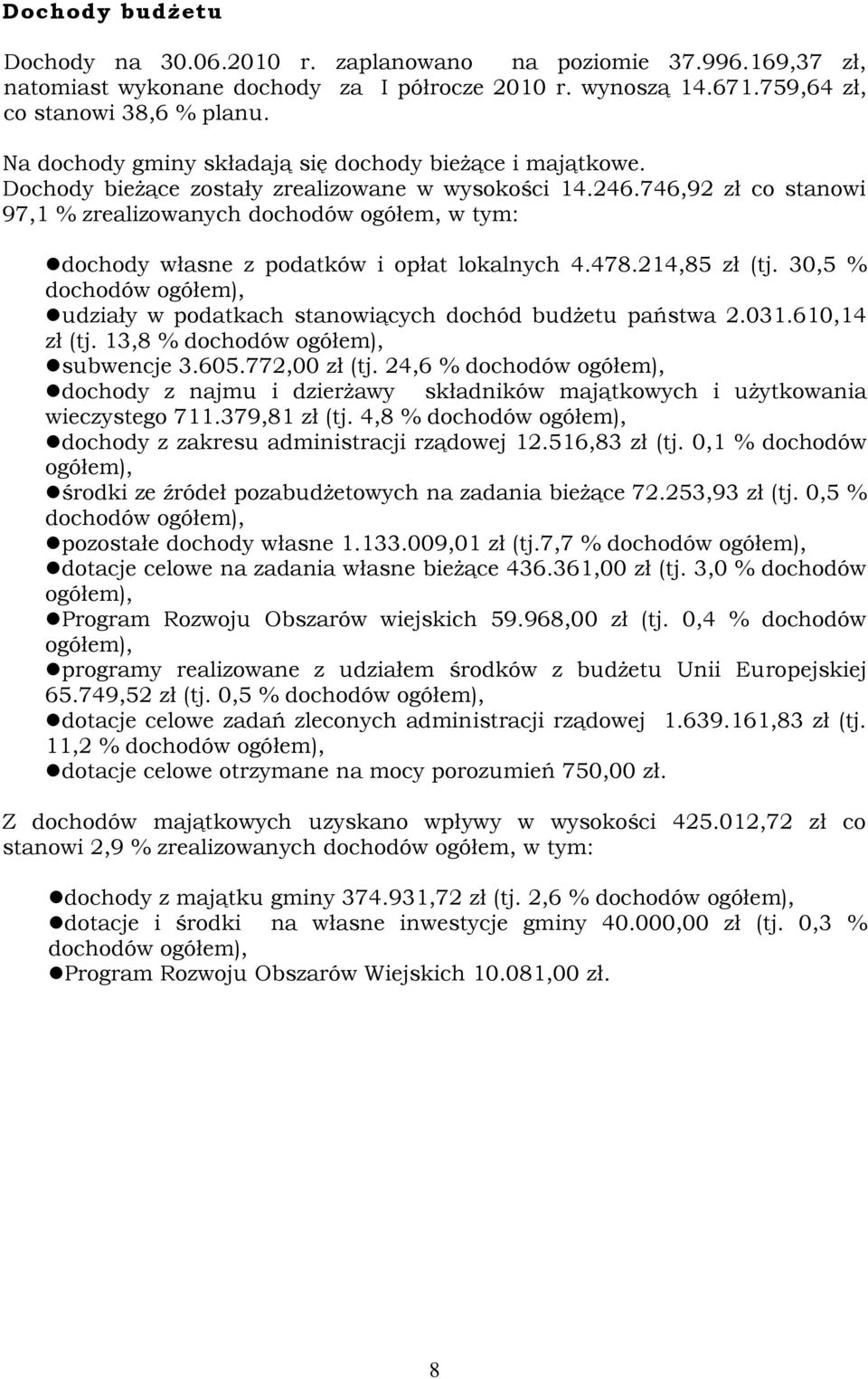 746,92 zł co stanowi 97,1 % zrealizowanych dochodów ogółem, w tym: dochody własne z podatków i opłat lokalnych 4.478.214,85 zł (tj.