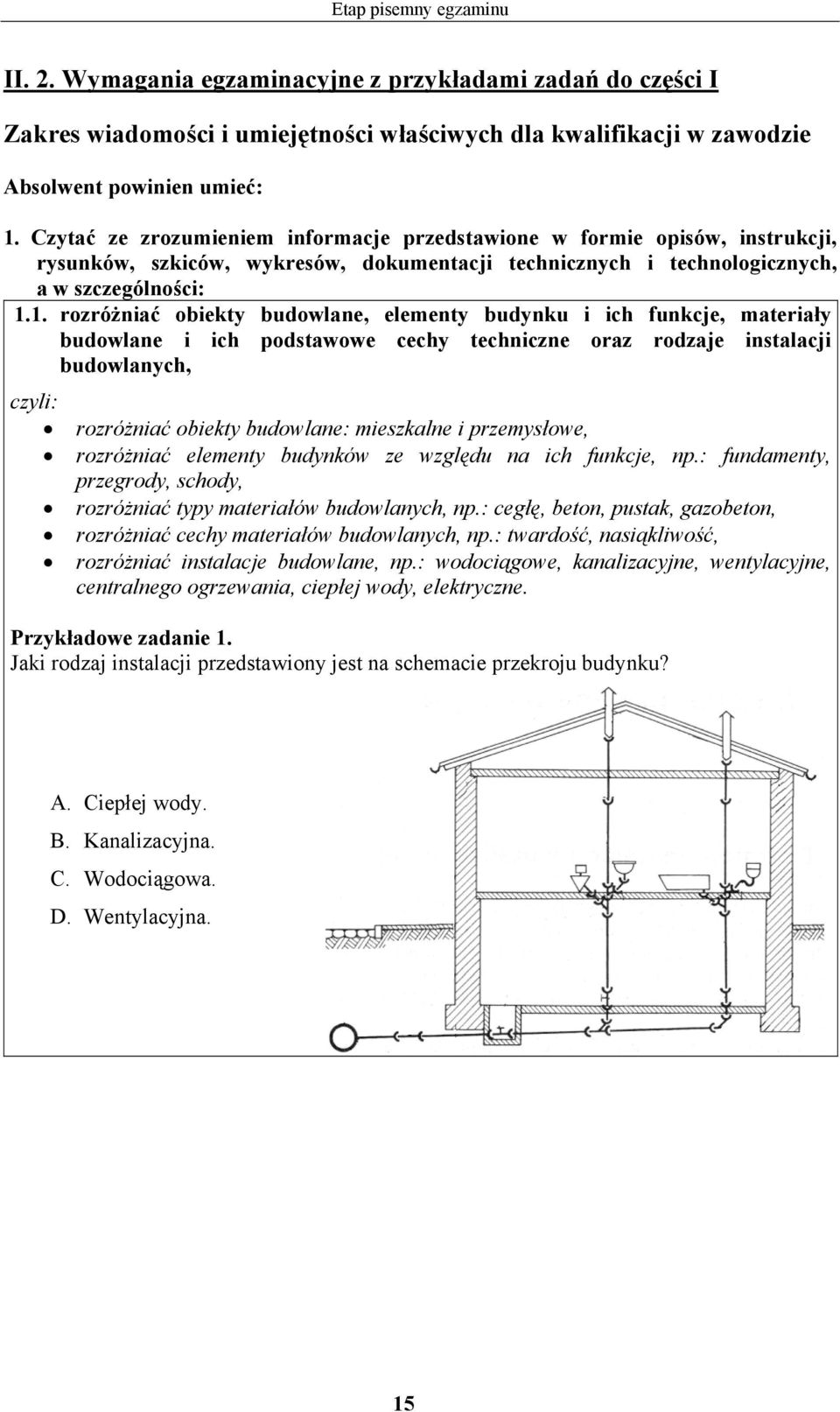 1. rozróżniać obiekty budowlane, elementy budynku i ich funkcje, materiały budowlane i ich podstawowe cechy techniczne oraz rodzaje instalacji budowlanych, rozróżniać obiekty budowlane: mieszkalne i