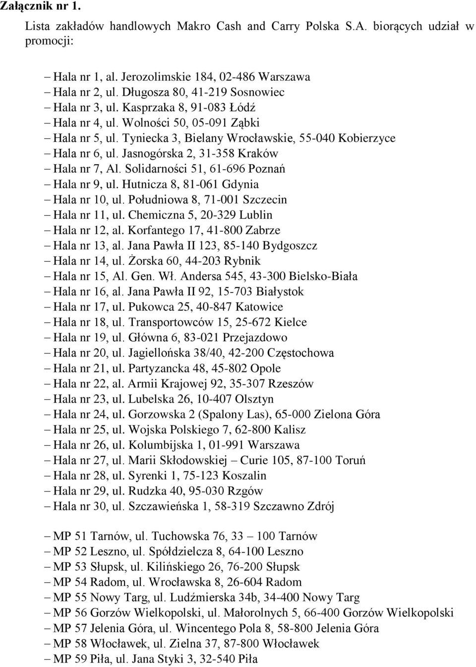 Jasnogórska 2, 31-358 Kraków Hala nr 7, Al. Solidarności 51, 61-696 Poznań Hala nr 9, ul. Hutnicza 8, 81-061 Gdynia Hala nr 10, ul. Południowa 8, 71-001 Szczecin Hala nr 11, ul.