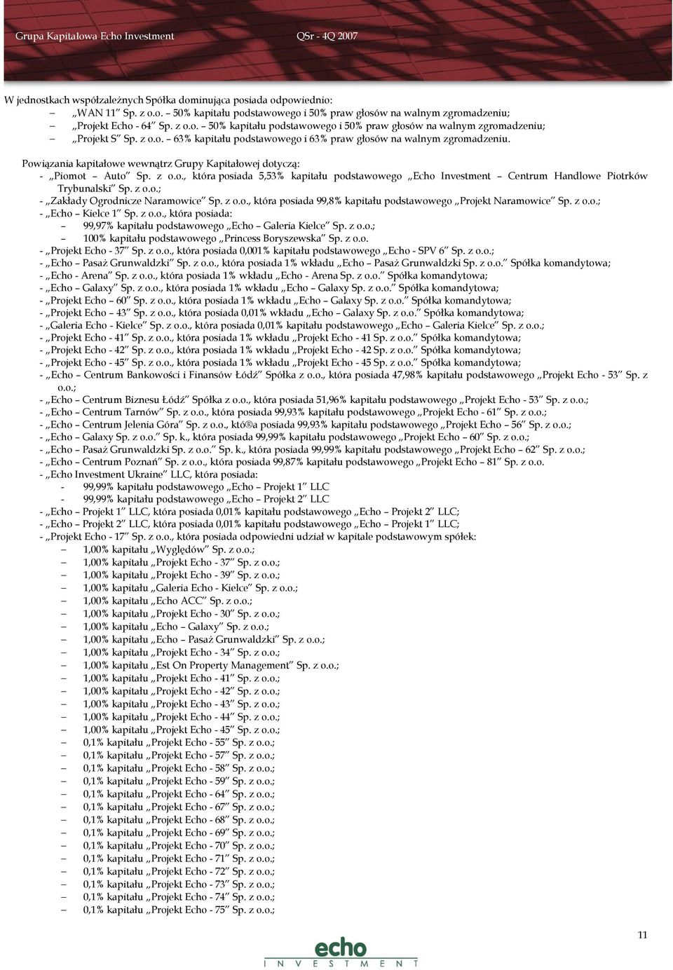 z o.o.; - Zakłady Ogrodnicze Naramowice Sp. z o.o., która posiada 99,8% kapitału podstawowego Projekt Naramowice Sp. z o.o.; - Echo Kielce 1 Sp. z o.o., która posiada: 99,97% kapitału podstawowego Echo Galeria Kielce Sp.