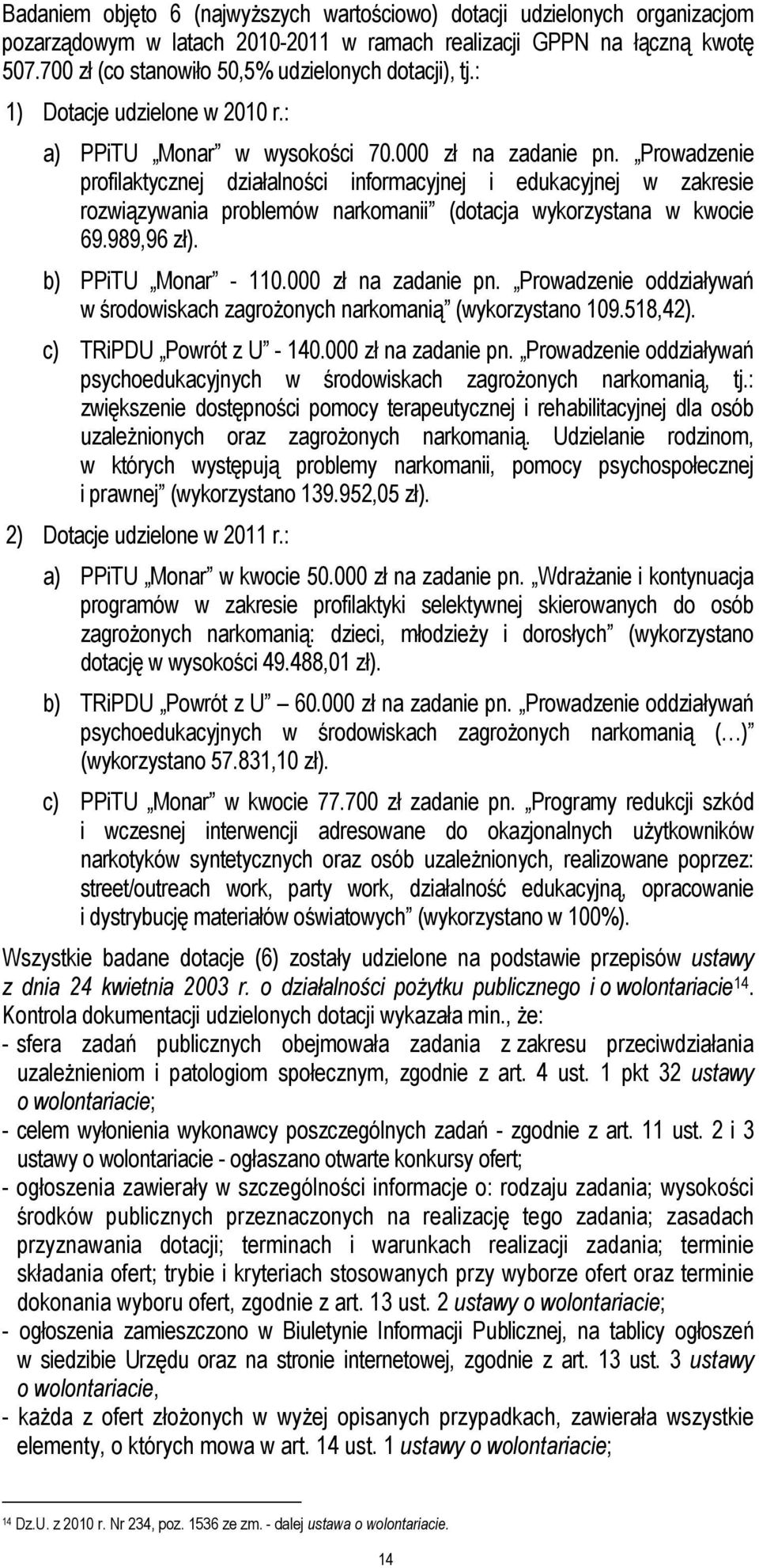 Prowadzenie profilaktycznej działalności informacyjnej i edukacyjnej w zakresie rozwiązywania problemów narkomanii (dotacja wykorzystana w kwocie 69.989,96 zł). b) PPiTU Monar - 110.