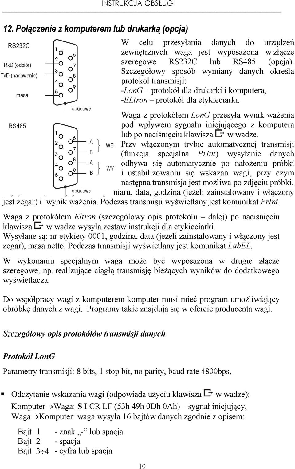 Waga z protokółem LonG przesyła wynik ważenia pod wpływem sygnału inicjującego z komputera lub po naciśnięciu klawisza w wadze.