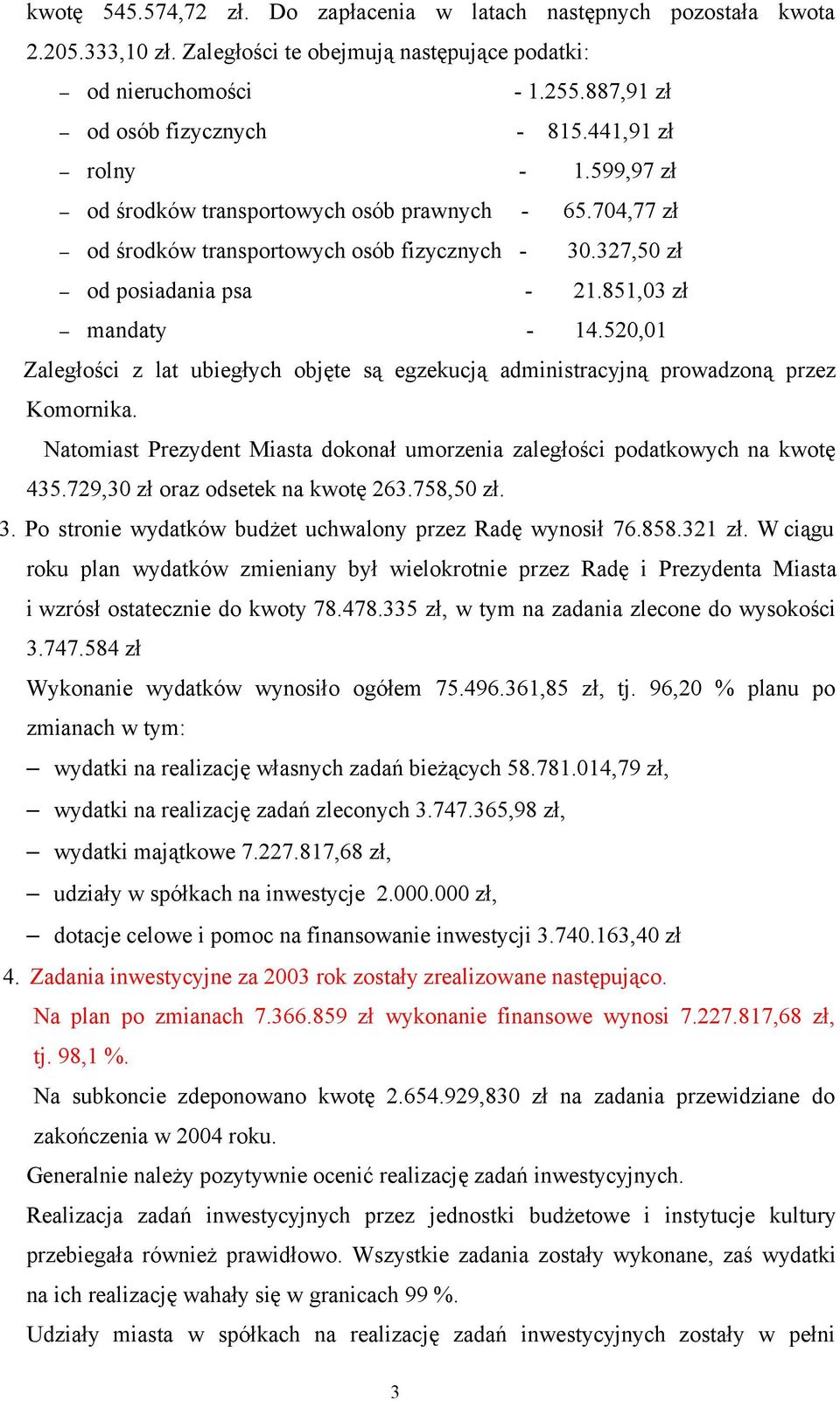 520,01 Zaległości z lat ubiegłych objęte są egzekucją administracyjną prowadzoną przez Komornika. Natomiast Prezydent Miasta dokonał umorzenia zaległości podatkowych na kwotę 435.