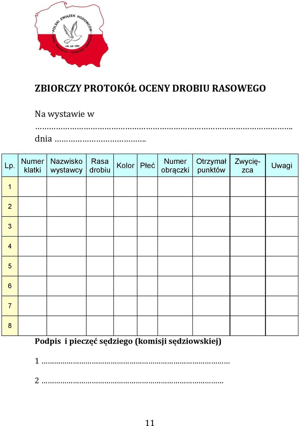 Numer obrączki Otrzymał punktów Zwycięzca Uwagi 1 2 3 4 5 6