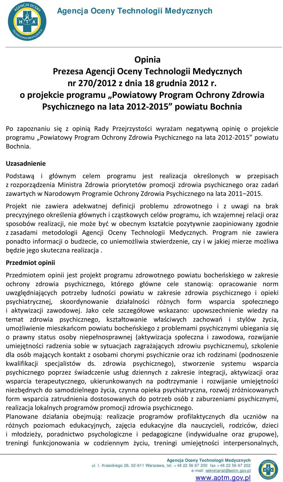 Powiatowy Program Ochrony Zdrowia Psychicznego na lata 2012-2015 powiatu Bochnia.