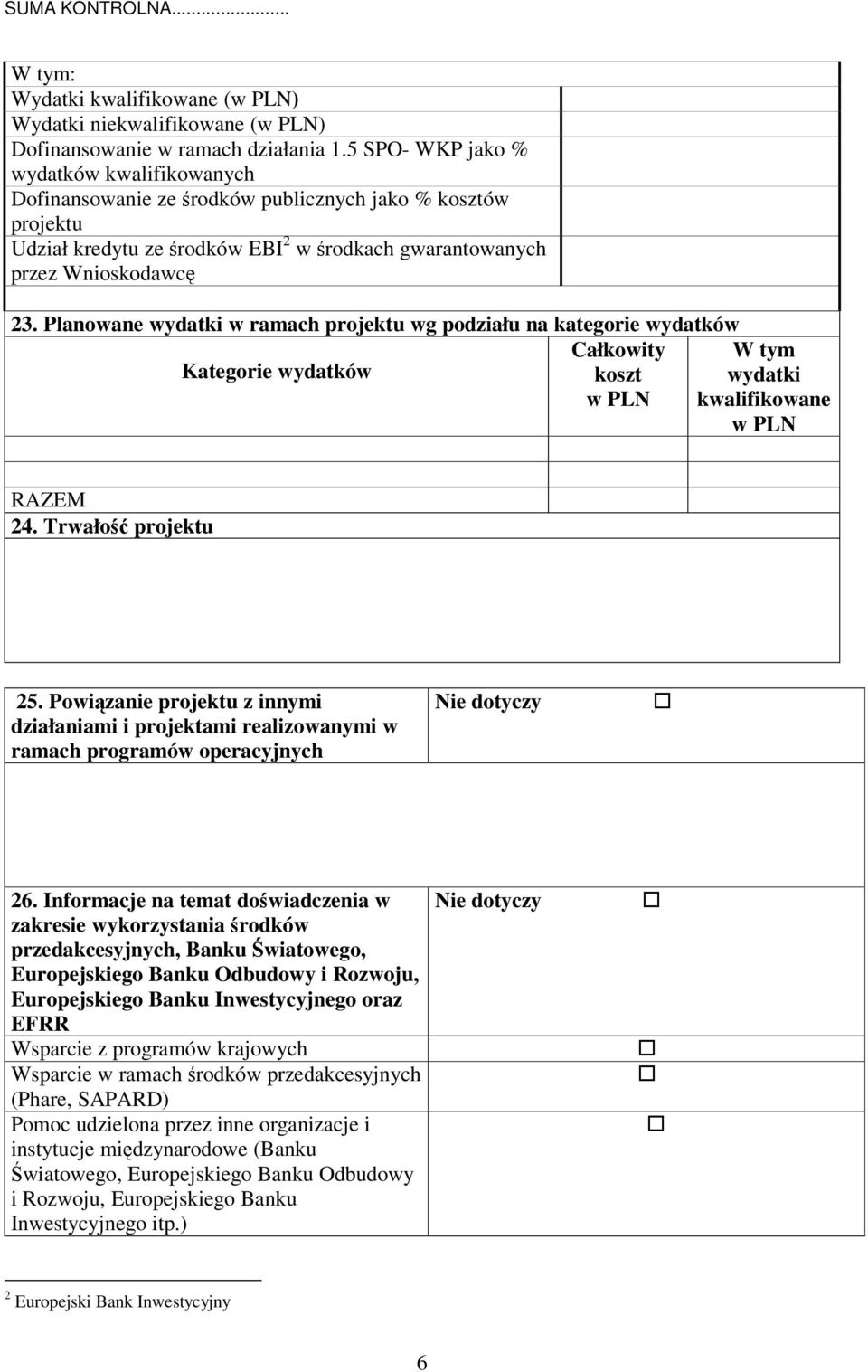 Planowane wydatki w ramach projektu wg podziału na kategorie wydatków Całkowity W tym Kategorie wydatków koszt wydatki w PLN kwalifikowane w PLN RAZEM 24. Trwało projektu 25.