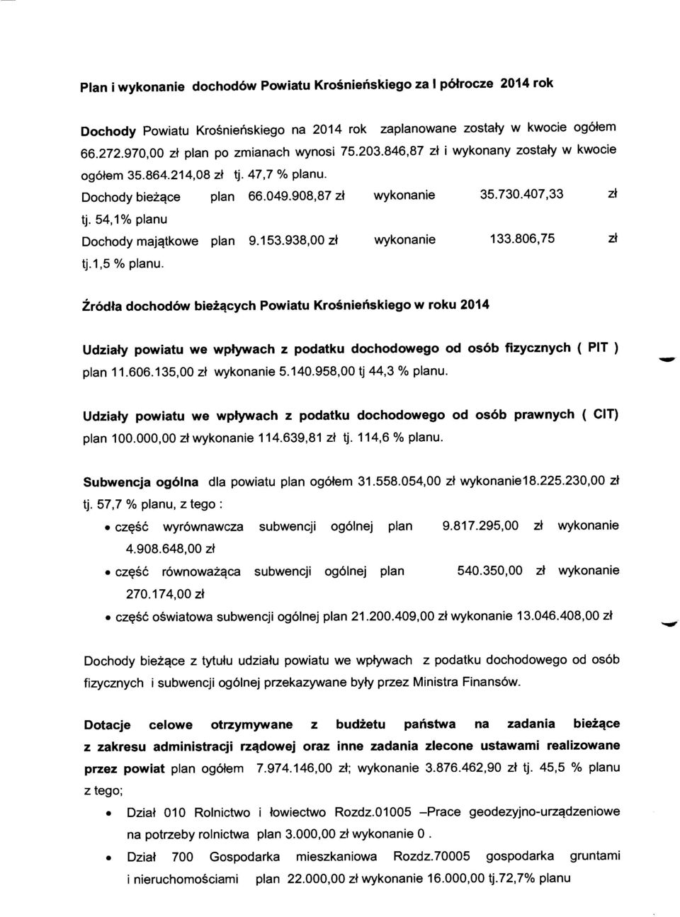 938,00 zł wykonanie 133.806,75 zł tj.1,5 % planu. Źródła dochodów bieżących Powiatu Krośnieńskiego w roku 2014 Udziały powiatu we wpływach z podatku dochodowego od osób fizycznych { PIT ) plan 11.606.