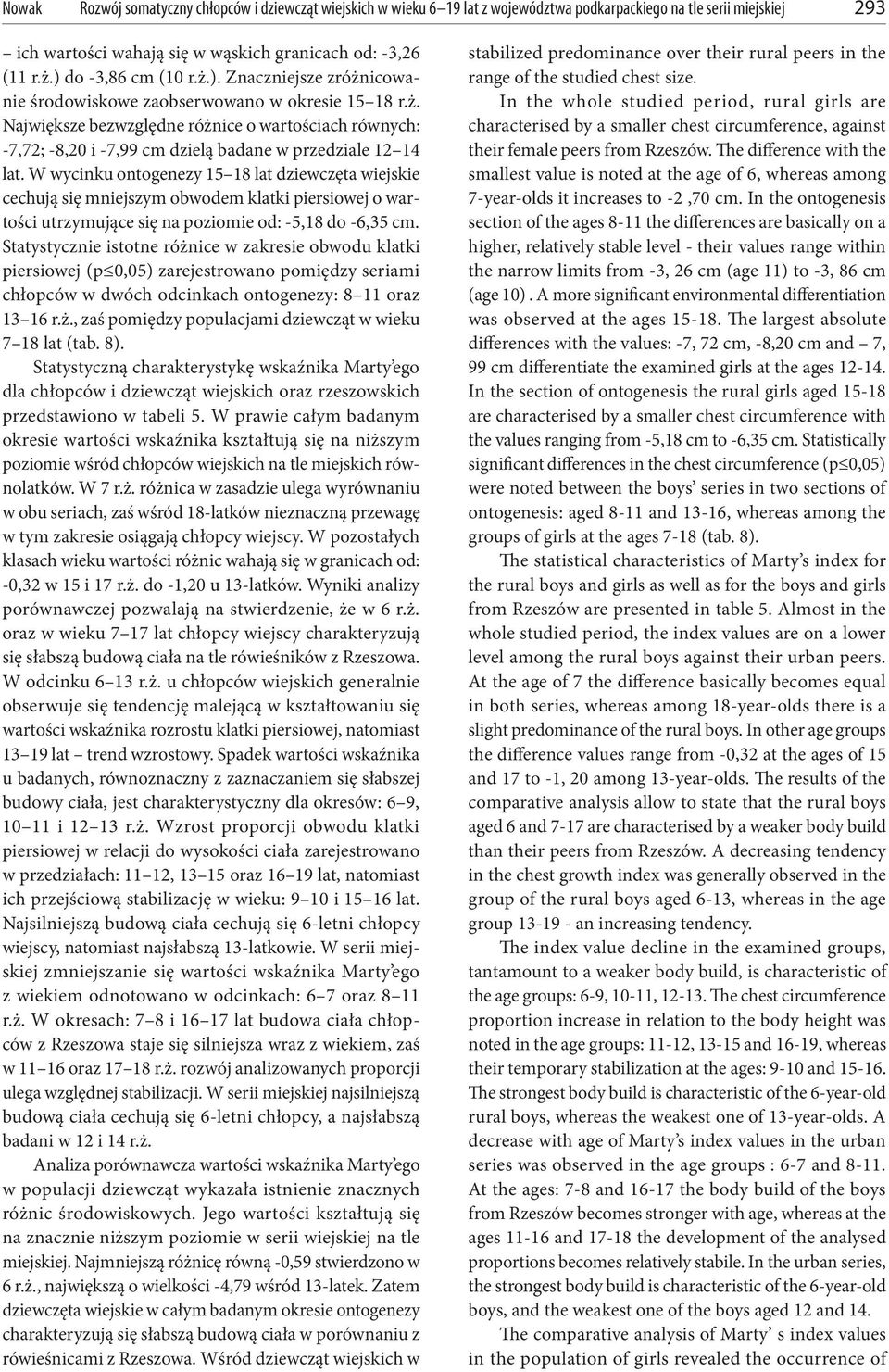 W wycinku ontogenezy 15 18 lat dziewczęta wiejskie cechują się mniejszym obwodem klatki piersiowej o wartości utrzymujące się na poziomie od: -5,18 do -6,35 cm.