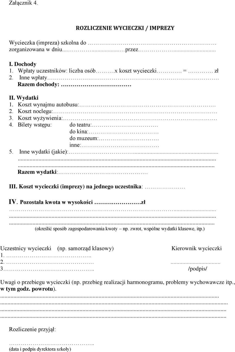 III. Koszt wycieczki (imprezy) na jednego uczestnika: IV. Pozostała kwota w wysokości zł......... (określić sposób zagospodarowania kwoty np. zwrot, wspólne wydatki klasowe, itp.