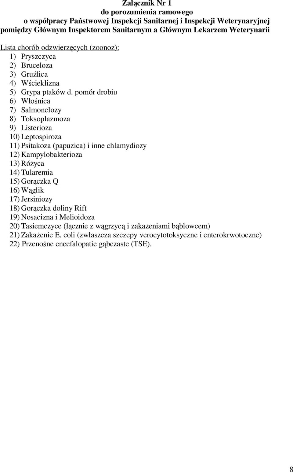 pomór drobiu 6) Włośnica 7) Salmonelozy 8) Toksoplazmoza 9) Listerioza 10) Leptospiroza 11) Psitakoza (papuzica) i inne chlamydiozy 12) Kampylobakterioza 13) Różyca 14) Tularemia 15)