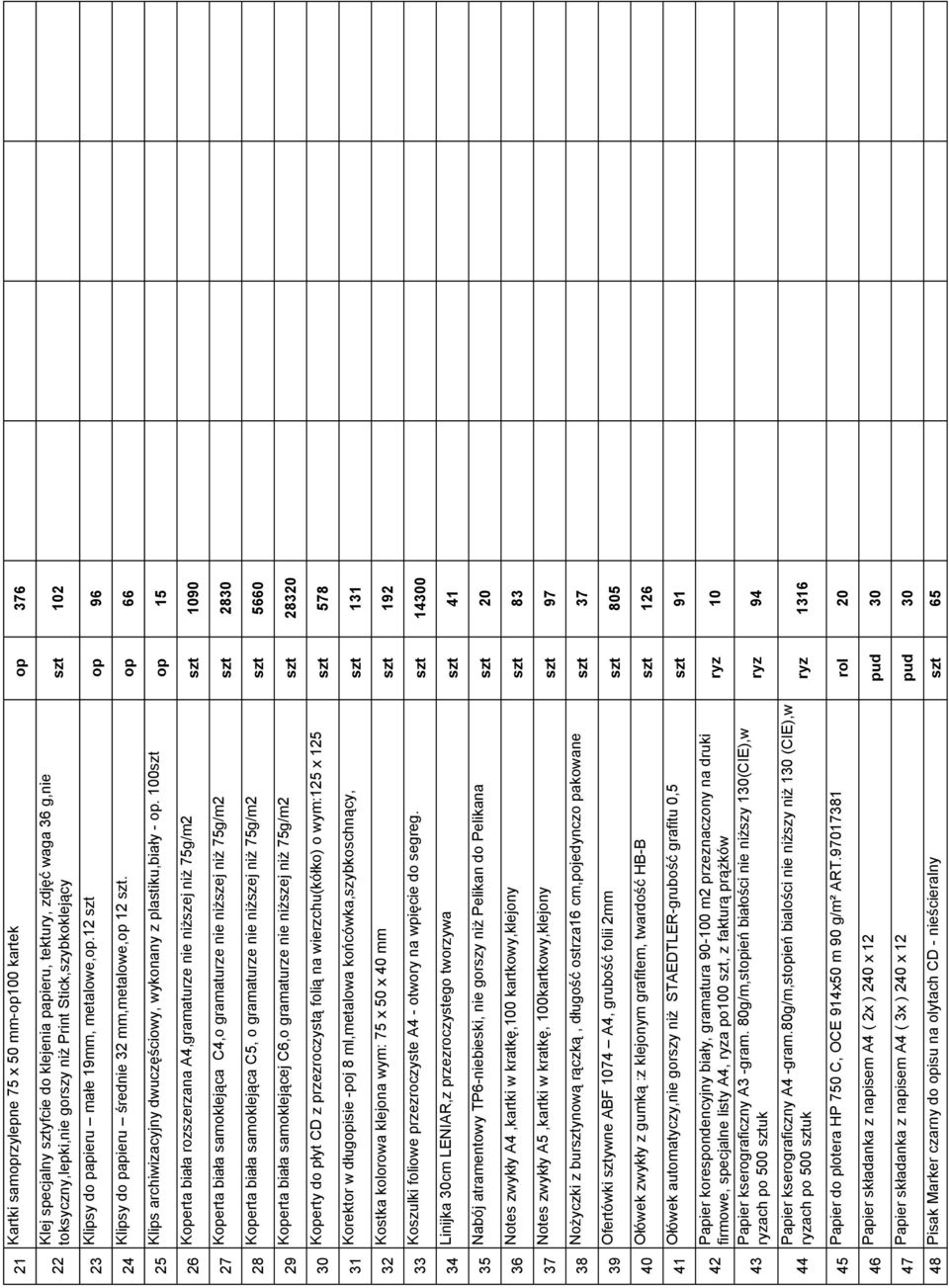 100szt op 15 26 Koperta biała rozszerzana A4,gramaturze nie niższej niż 75g/m2 szt 1090 27 Koperta biała samoklejąca C4,o gramaturze nie niższej niż 75g/m2 830 28 Koperta biała samoklejąca C5, o