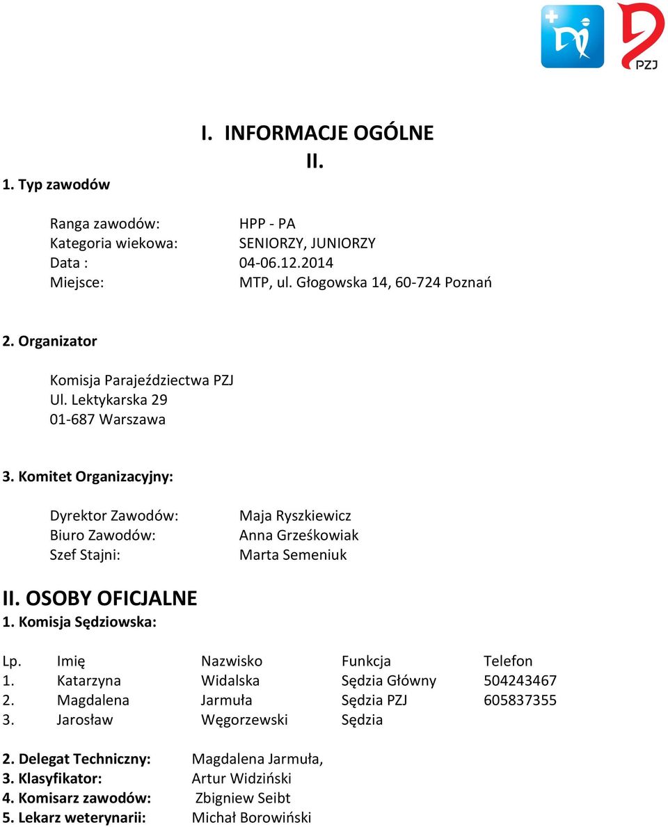 Komitet Organizacyjny: Dyrektor Zawodów: Biuro Zawodów: Szef Stajni: Maja Ryszkiewicz Anna Grześkowiak Marta Semeniuk II. OSOBY OFICJALNE 1. Komisja Sędziowska: Lp.