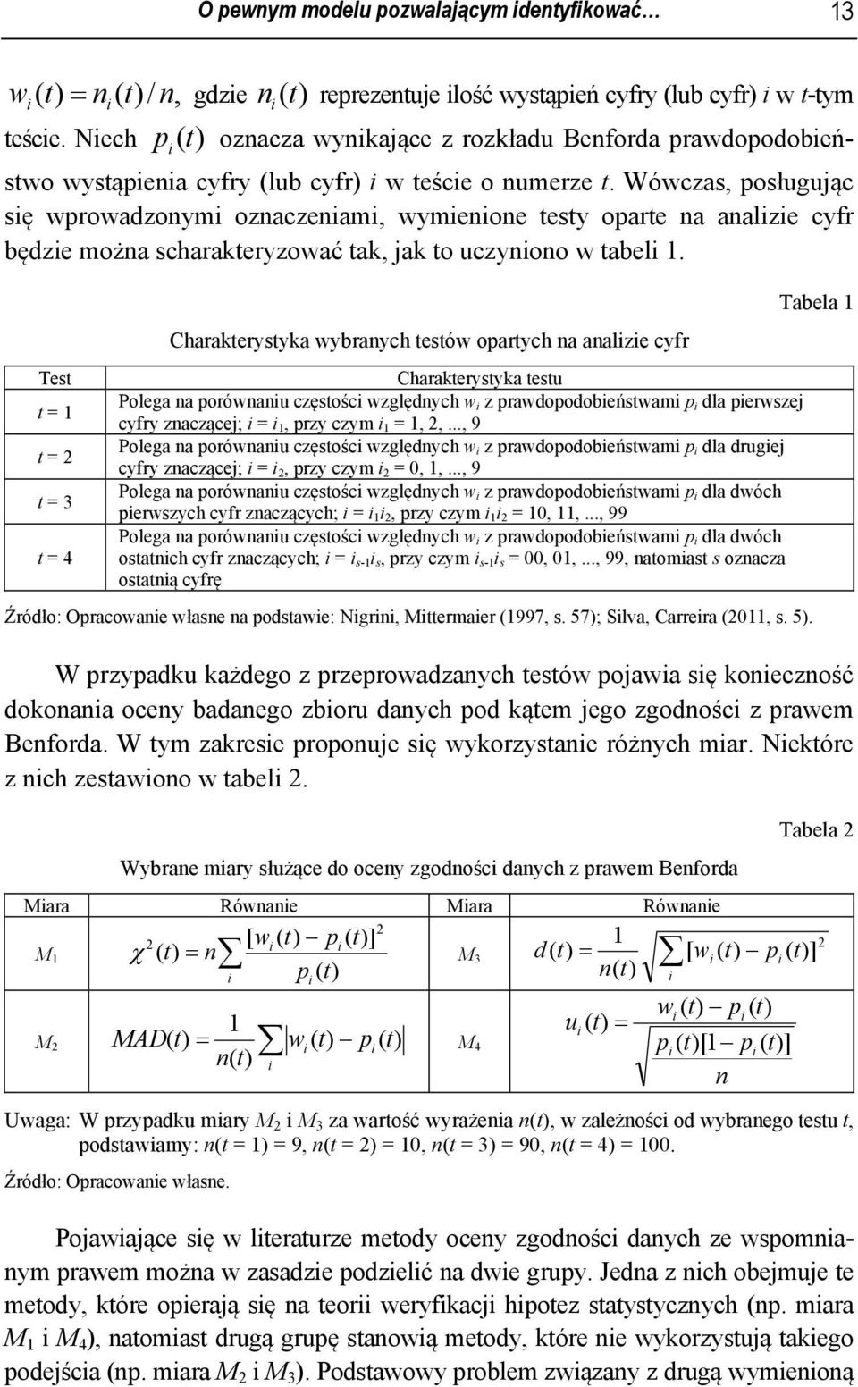 Wówczas, posługując sę wprowadzonym oznaczenam, wymenone testy oparte na analze cyfr będze można scharakteryzować tak, jak to uczynono w tabel.