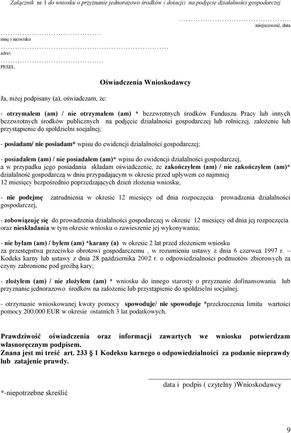 publicznych na podjęcie działalności gospodarczej lub rolniczej, założenie lub przystąpienie do spółdzielni socjalnej; - posiadam/ nie posiadam* wpisu do ewidencji działalności gospodarczej; -