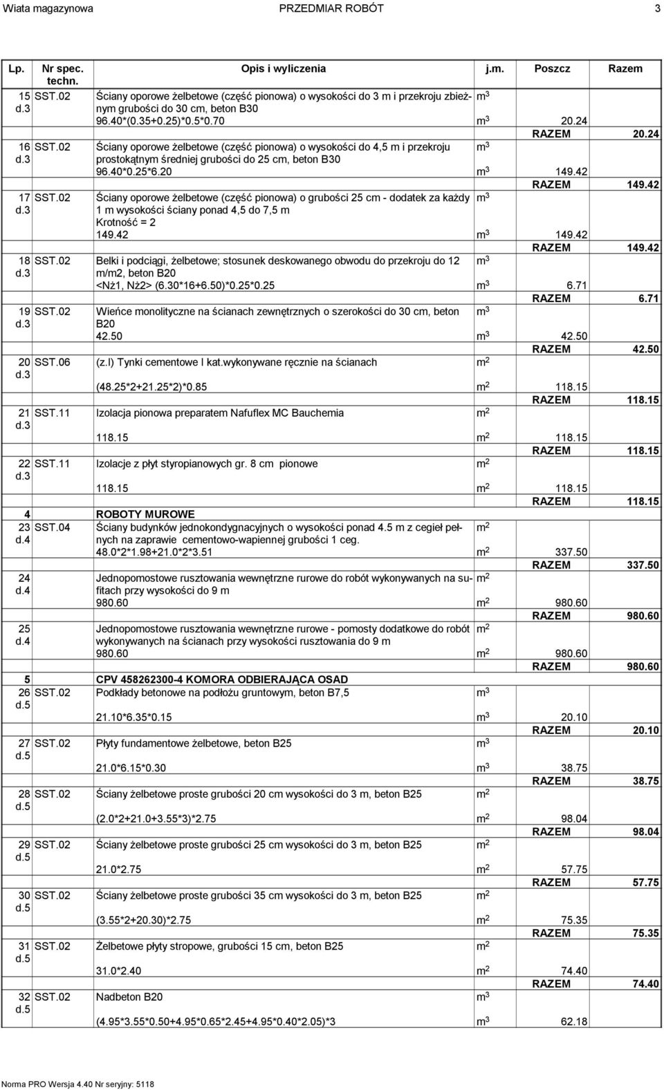 42 RAZEM 149.42 17 SST.02 Ściany oporowe żelbetowe (część pionowa) o grubości 25 cm - dodatek za każdy m 3 1 m wysokości ściany ponad 4,5 do 7,5 m Krotność = 2 149.42 m 3 149.42 RAZEM 149.42 18 SST.