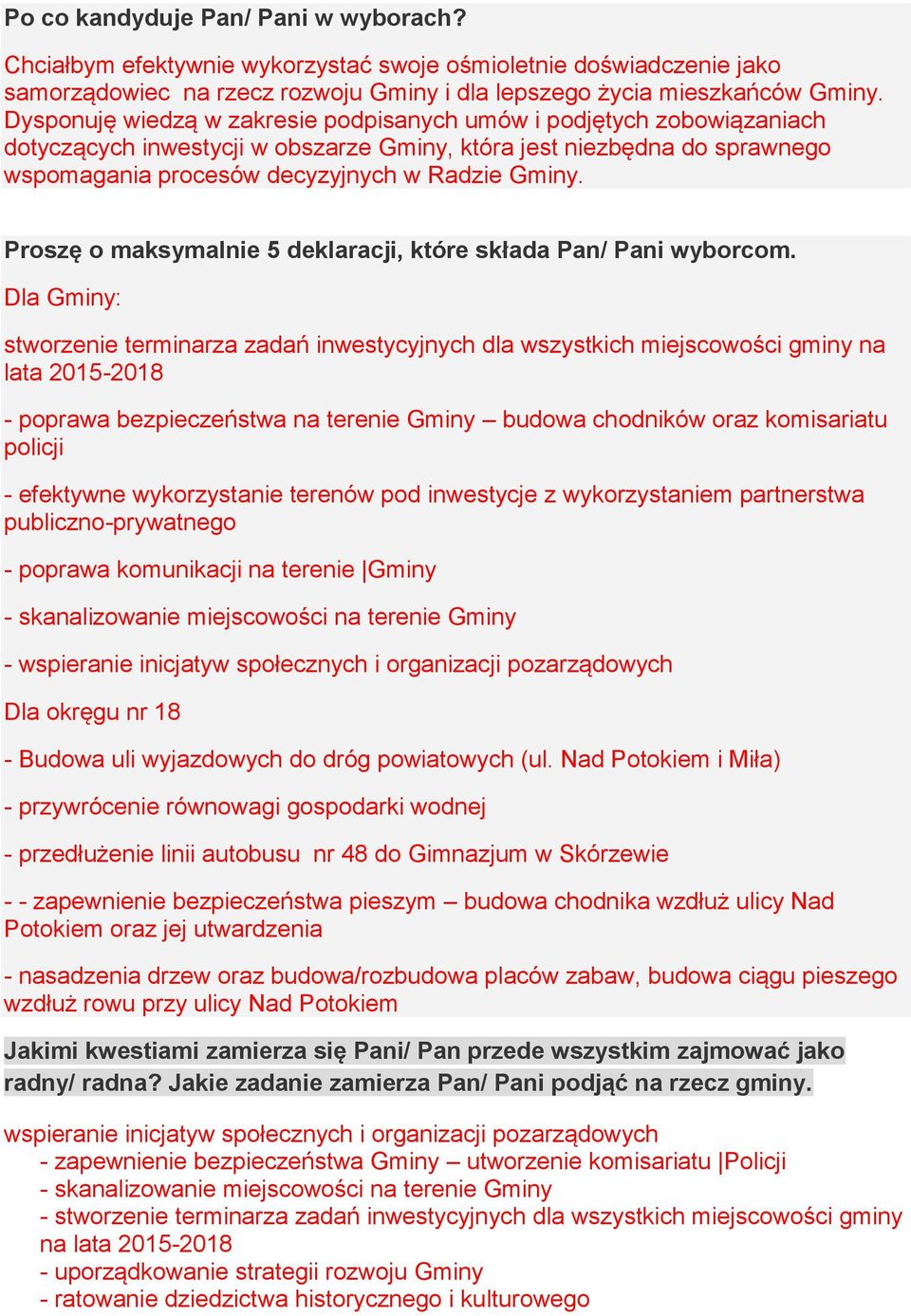 Proszę o maksymalnie 5 deklaracji, które składa Pan/ Pani wyborcom.