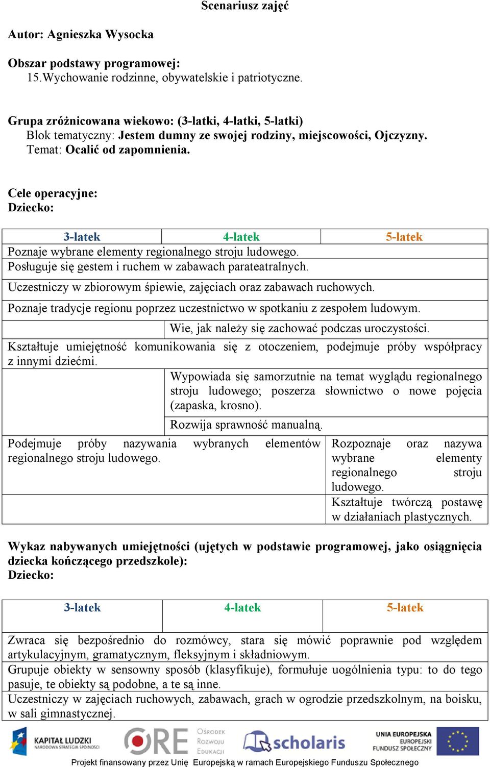 Cele operacyjne: Dziecko: 3-latek 4-latek 5-latek Poznaje wybrane elementy regionalnego stroju ludowego. Posługuje się gestem i ruchem w zabawach parateatralnych.