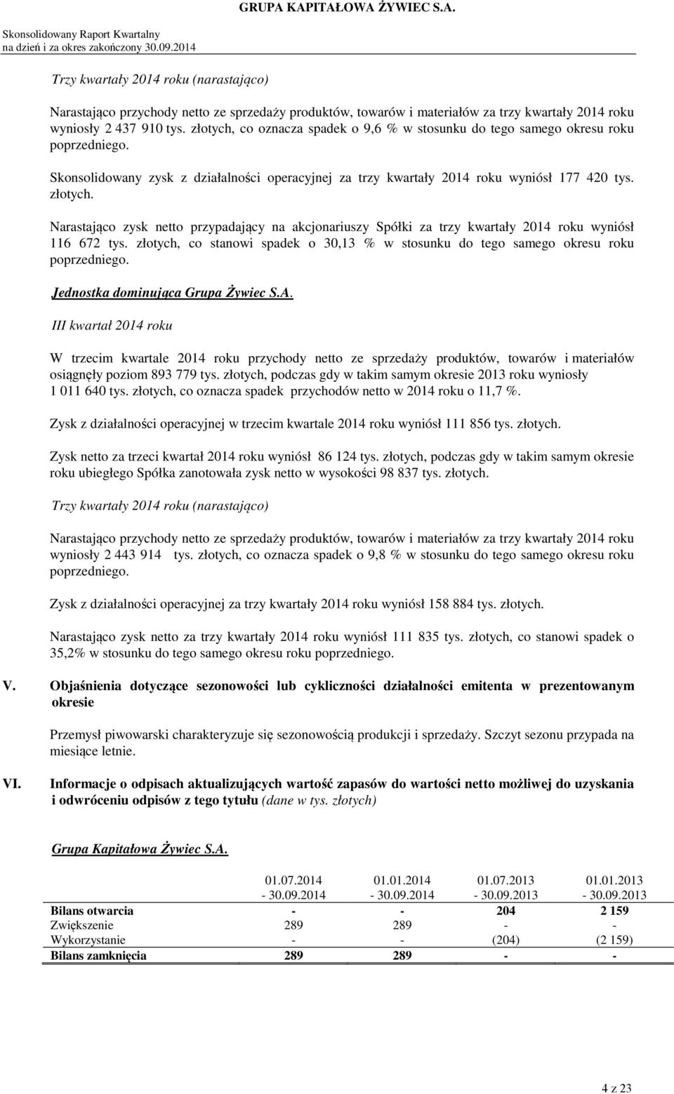 Narastająco zysk netto przypadający na akcjonariuszy Spółki za trzy kwartały 2014 roku wyniósł 116 672 tys. złotych, co stanowi spadek o 30,13 % w stosunku do tego samego okresu roku poprzedniego.