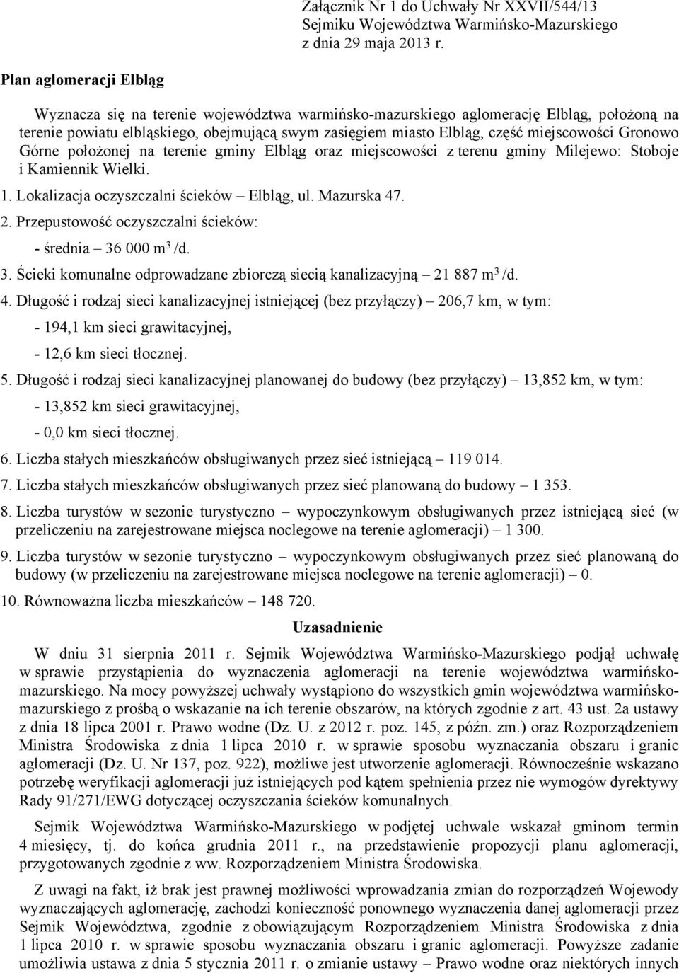 terenie gminy Elbląg rz miejscwści z terenu gminy Milejew: Stbje i Kmiennik Wielki. 1. Lklizcj czyszczlni ścieków Elbląg, ul. Mzursk 47. 2. Przepustwść czyszczlni ścieków: - średni 36